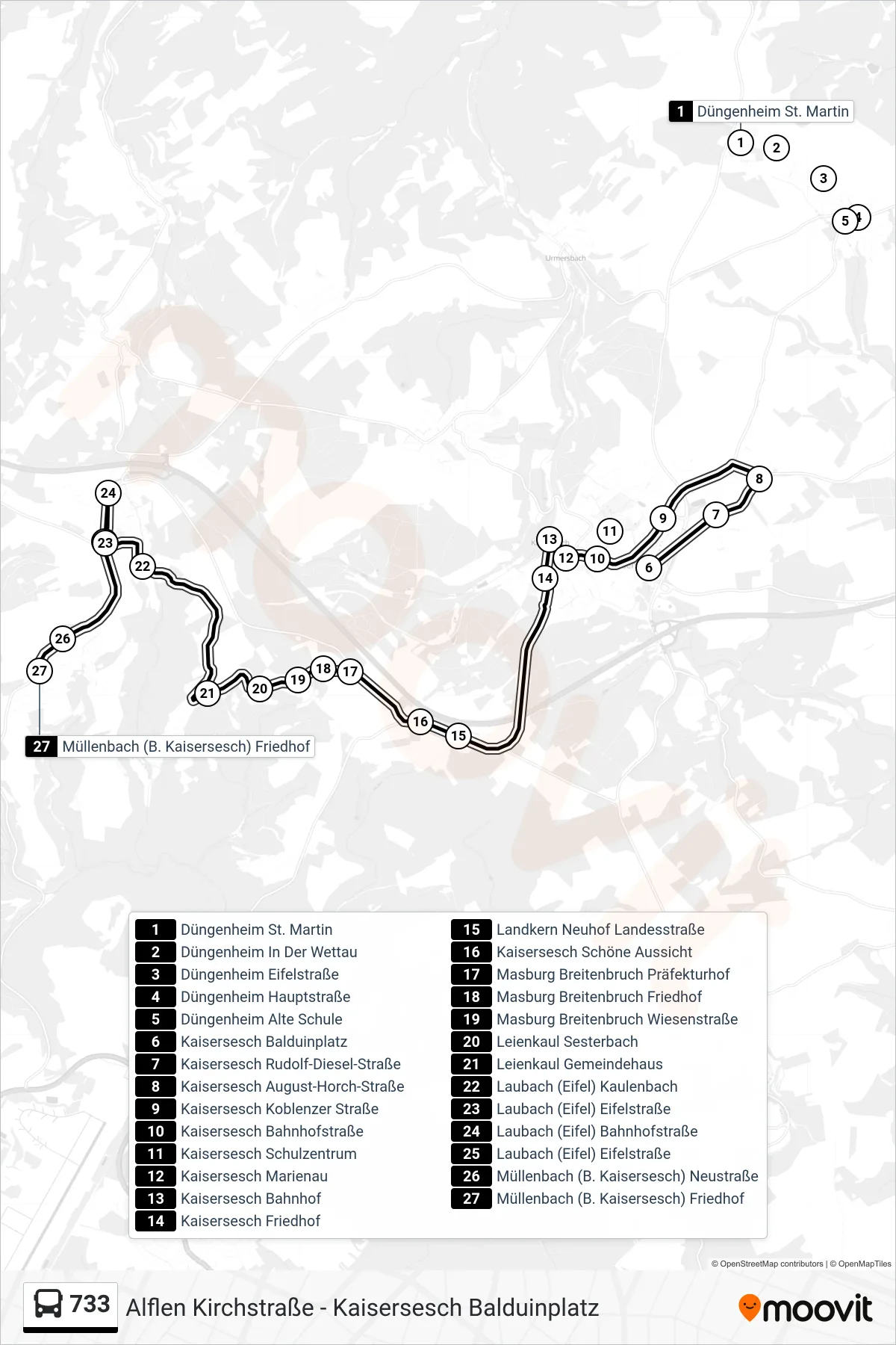 733 bus Line (Müllenbach (B. Kaisersesch) Friedhof) route and stops on a map