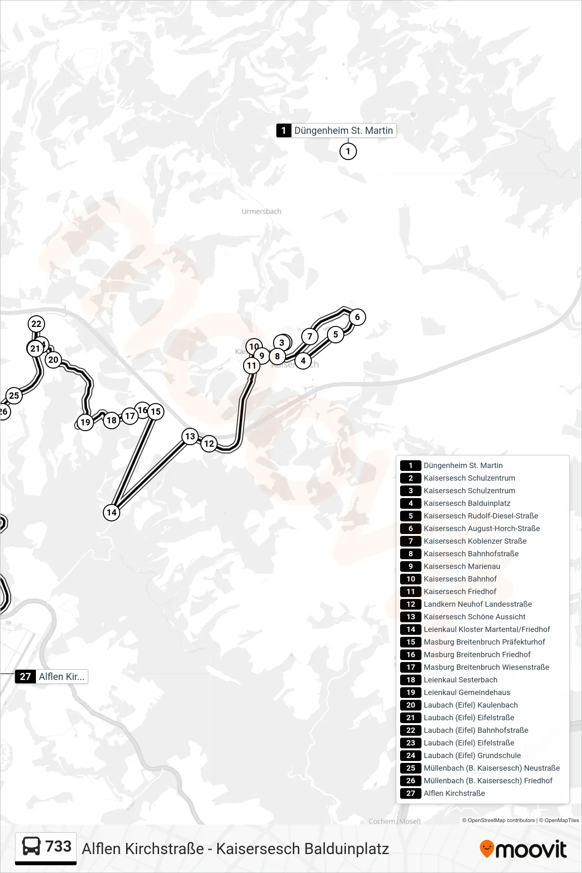 733 bus Line (Alflen Kirchstraße) route and stops on a map