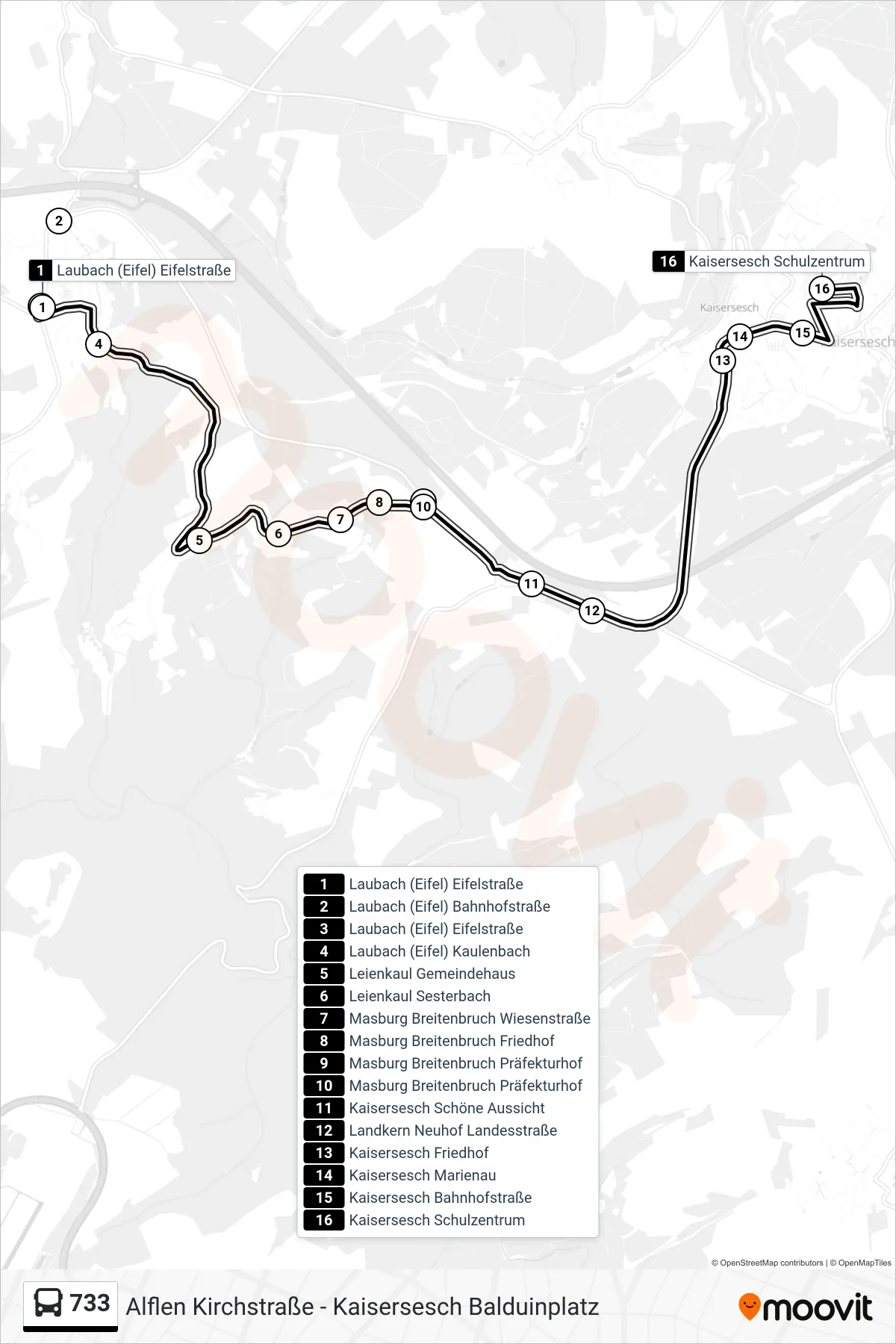 733 bus Line (Kaisersesch Schulzentrum) route and stops on a map