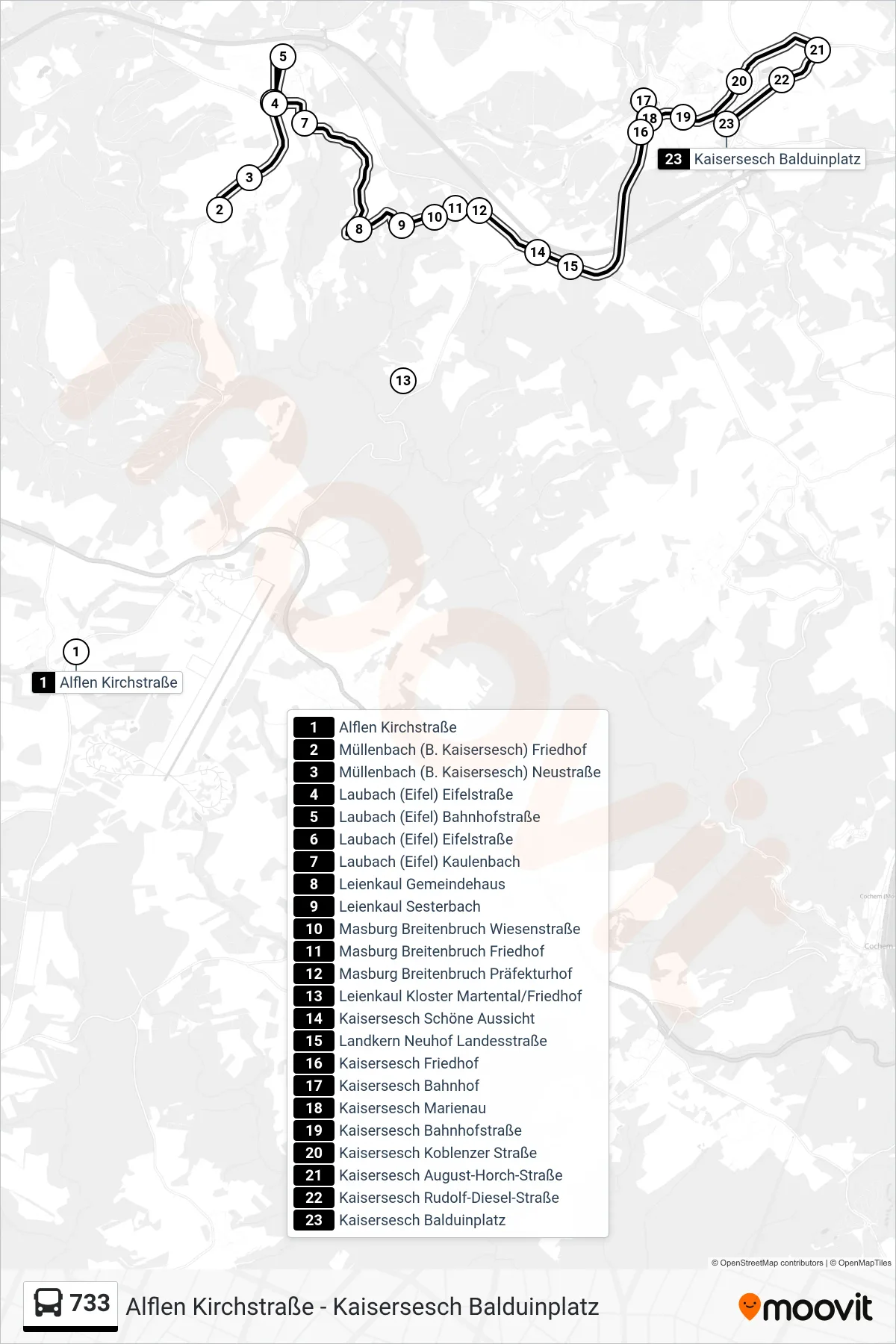 733 bus Line (Kaisersesch Balduinplatz) route and stops on a map
