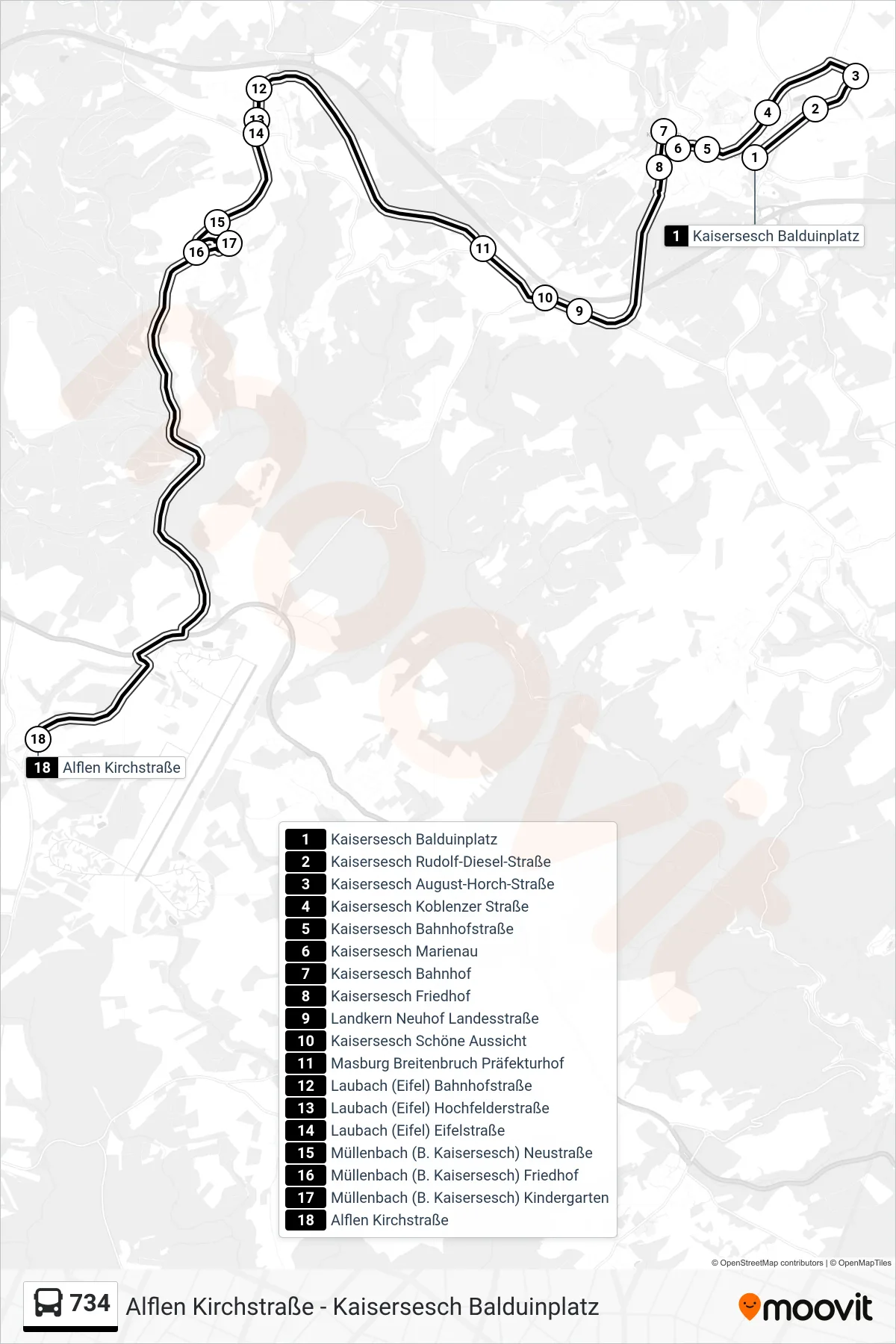 734 bus Line (Alflen Kirchstraße) route and stops on a map