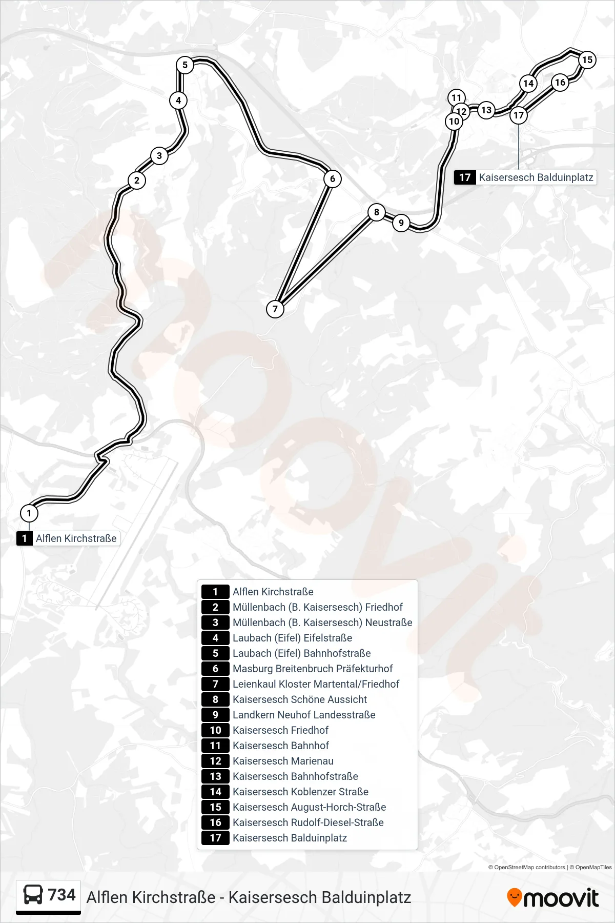 734 bus Line (Kaisersesch Balduinplatz) route and stops on a map