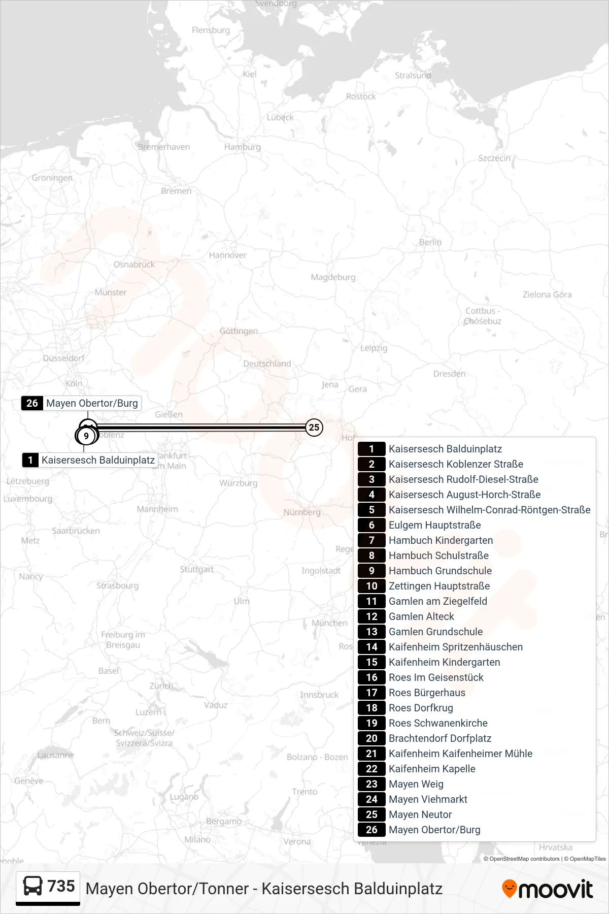 Linie 735 (Bus) Richtung Mayen Obertor/Burg: Route und Haltestellen auf der Karte