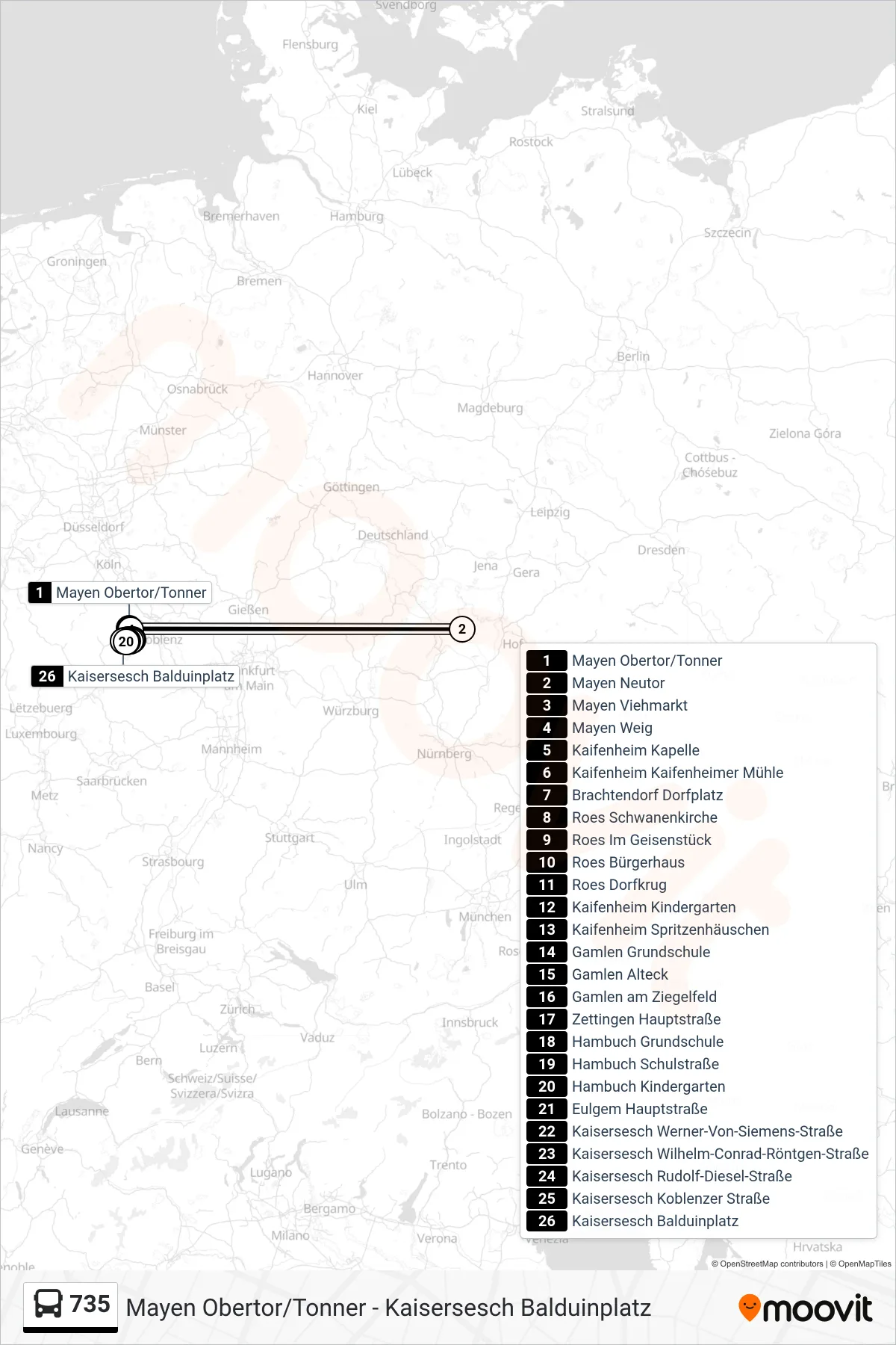 735 bus Line (Kaisersesch Balduinplatz) route and stops on a map