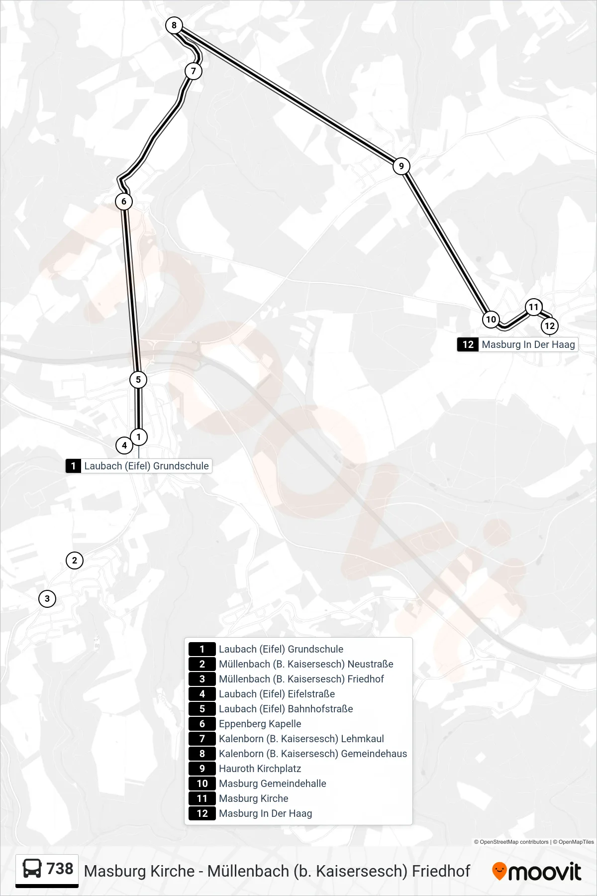 738 bus Line (Masburg In Der Haag) route and stops on a map