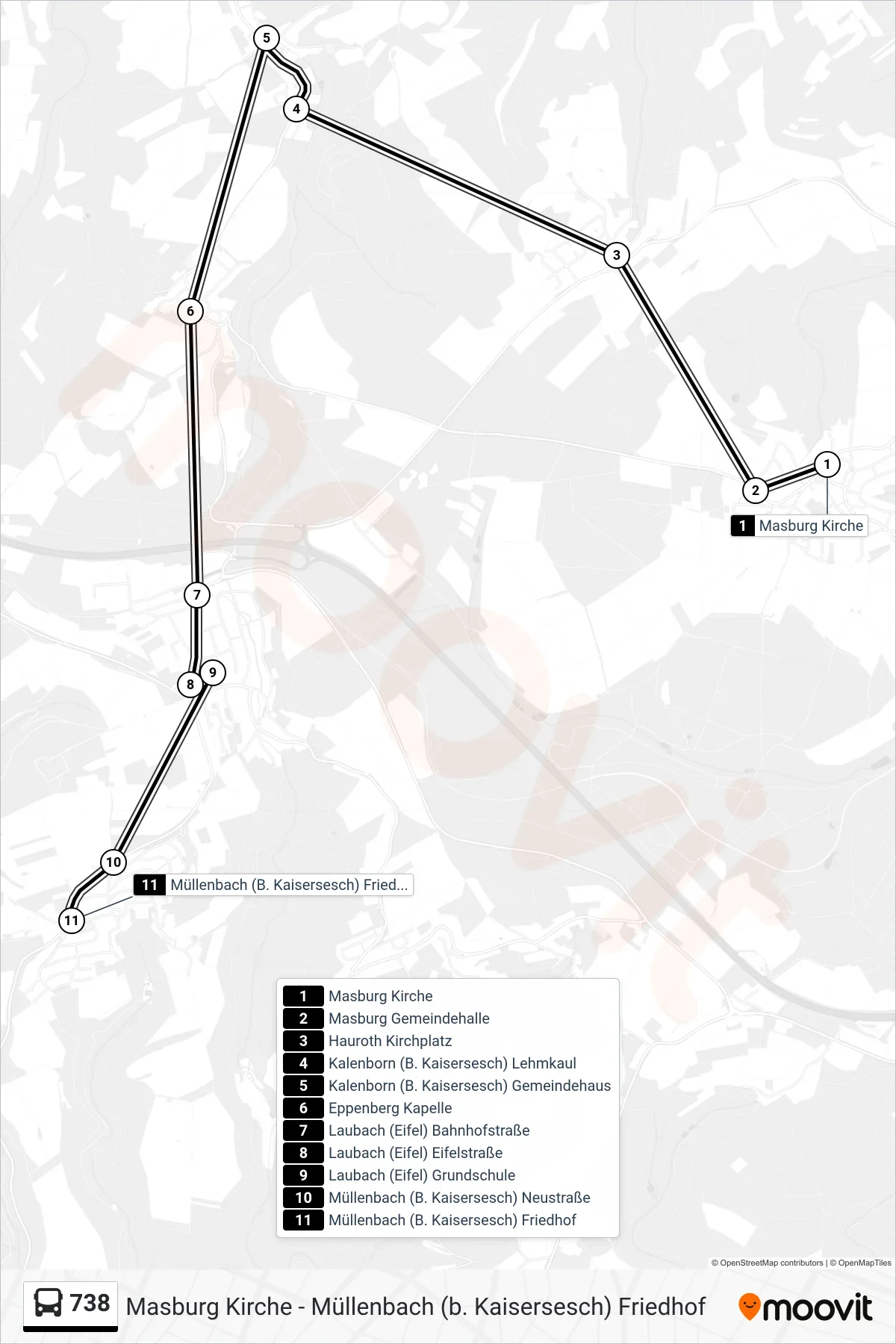 738 bus Line (Müllenbach (B. Kaisersesch) Friedhof) route and stops on a map