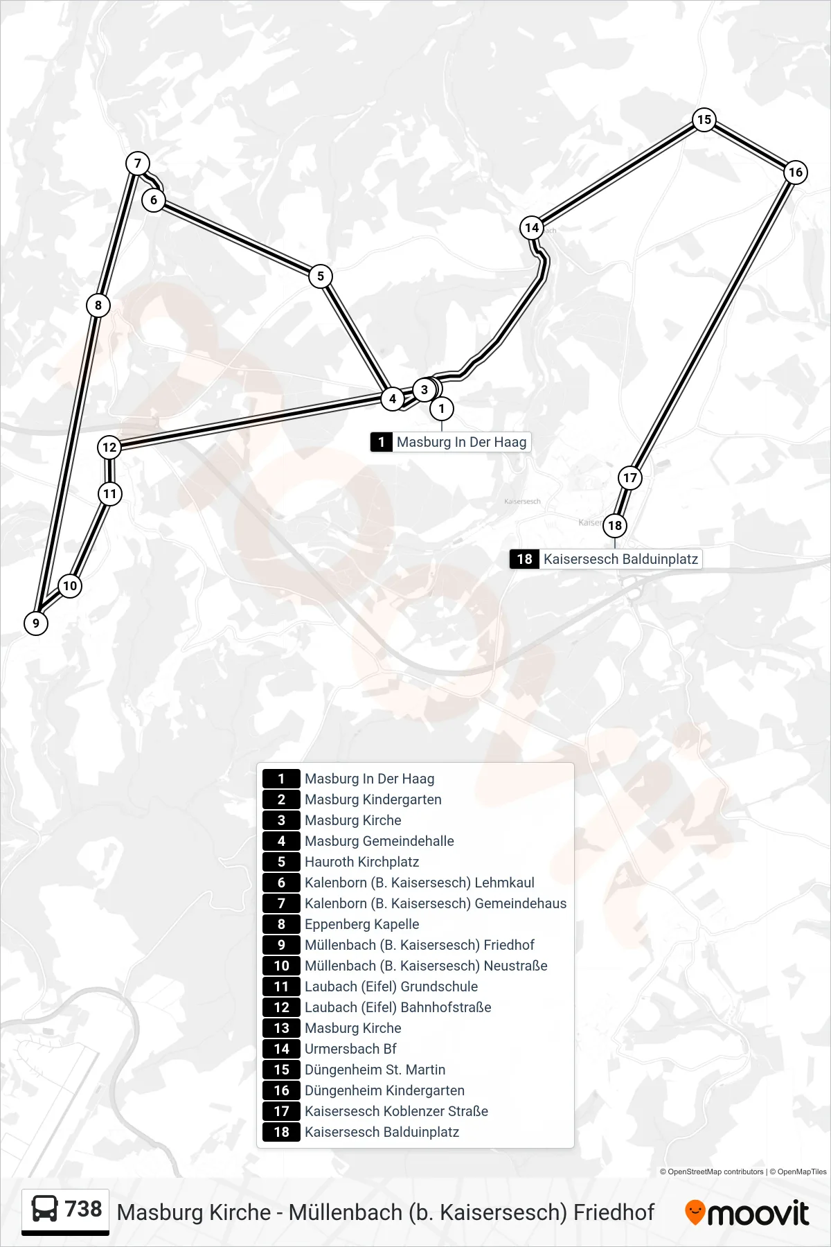 738 bus Line (Kaisersesch Balduinplatz) route and stops on a map