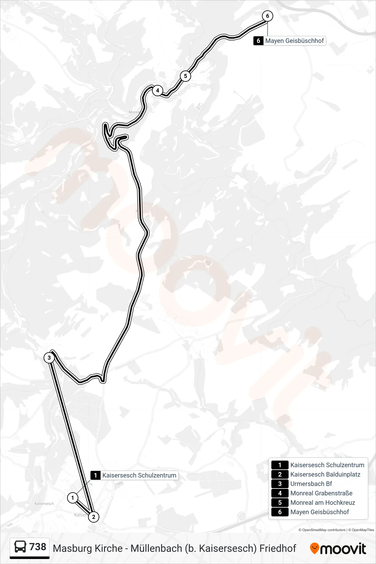 738 bus Line (Mayen Geisbüschhof) route and stops on a map