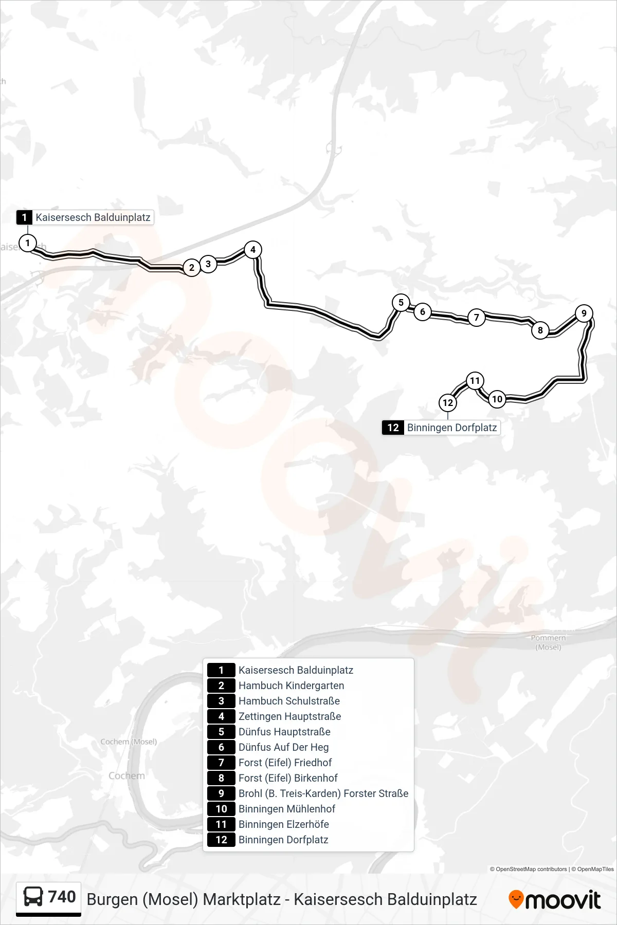 740 bus Line (Binningen Dorfplatz) route and stops on a map