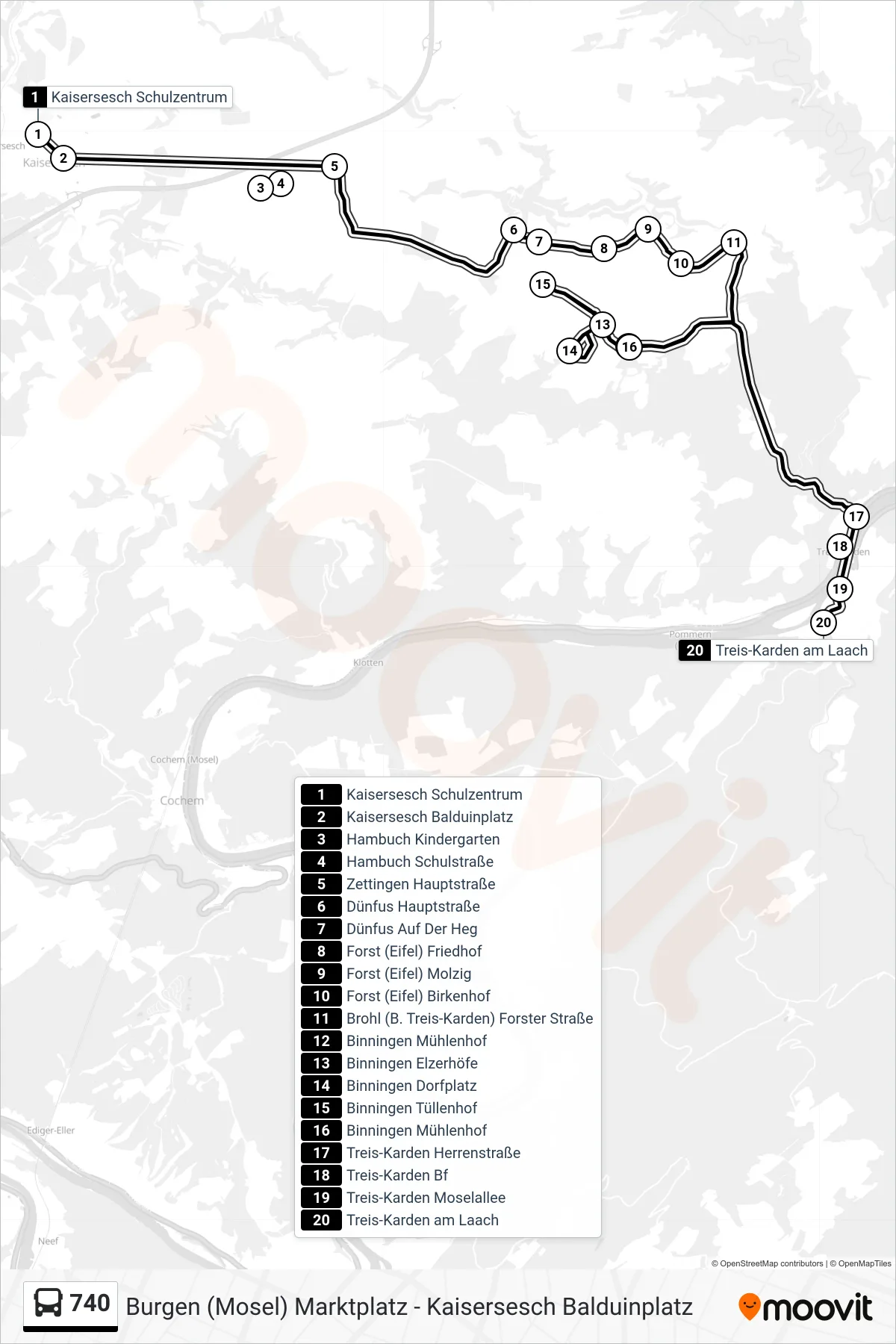 740 bus Line (Treis-Karden am Laach) route and stops on a map