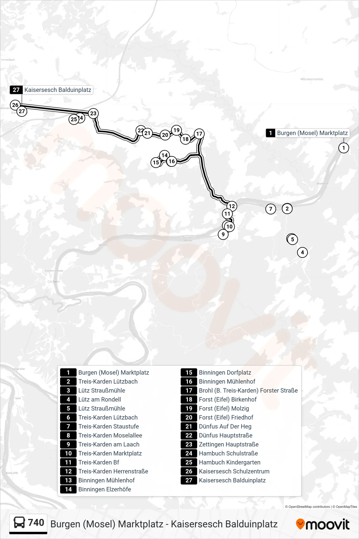 Linie 740 (Bus) Richtung Kaisersesch Balduinplatz: Route und Haltestellen auf der Karte