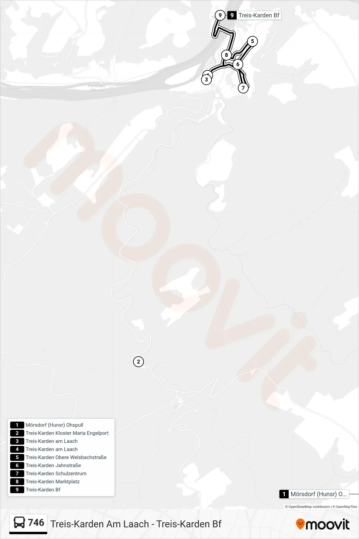 746 bus Line (Treis-Karden Bf) route and stops on a map