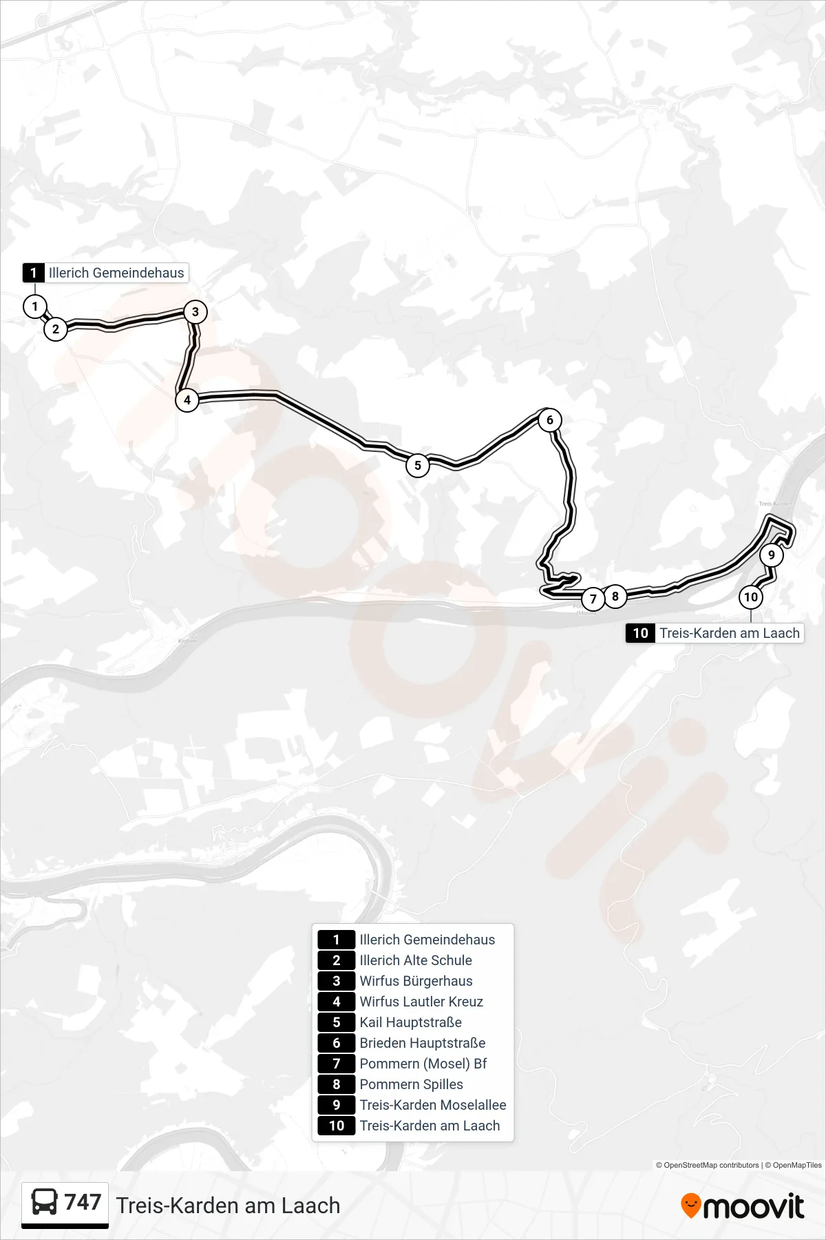 747 bus Line (Treis-Karden am Laach) route and stops on a map