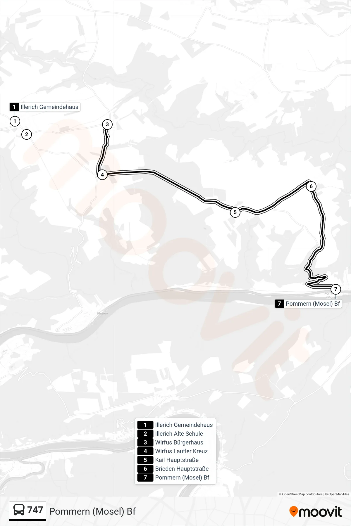 Linie 747 (Bus) Richtung Pommern (Mosel) Bf: Route und Haltestellen auf der Karte