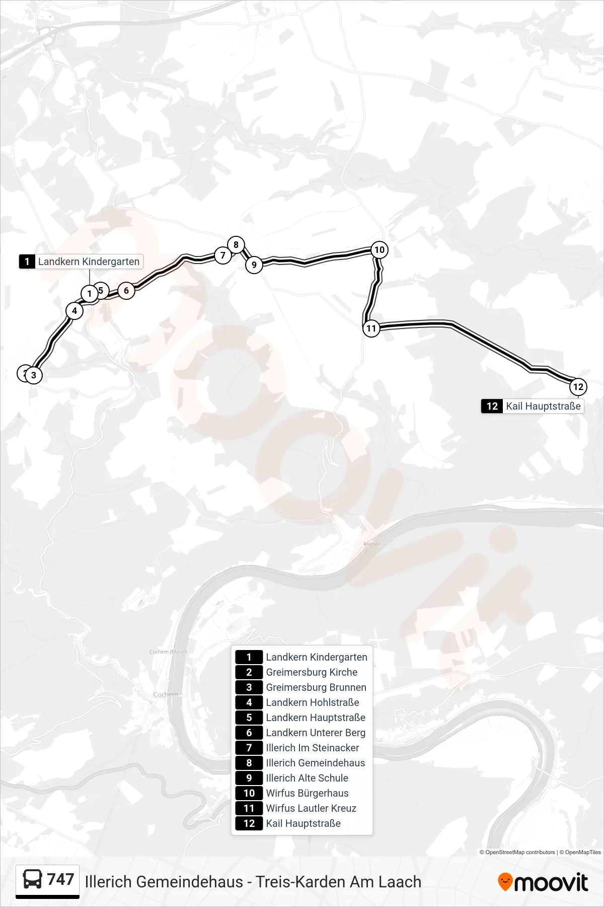 747 bus Line (Kail Hauptstraße) route and stops on a map