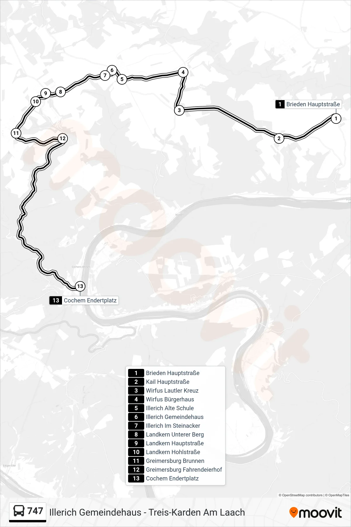 747 bus Line (Cochem Endertplatz) route and stops on a map