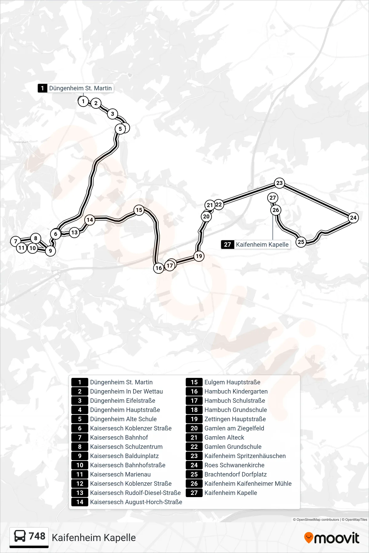 748 bus Line (Kaifenheim Kapelle) route and stops on a map