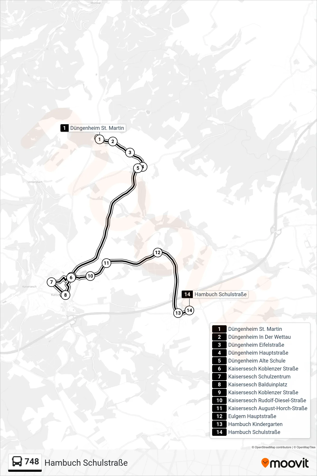 748 bus Line (Hambuch Schulstraße) route and stops on a map