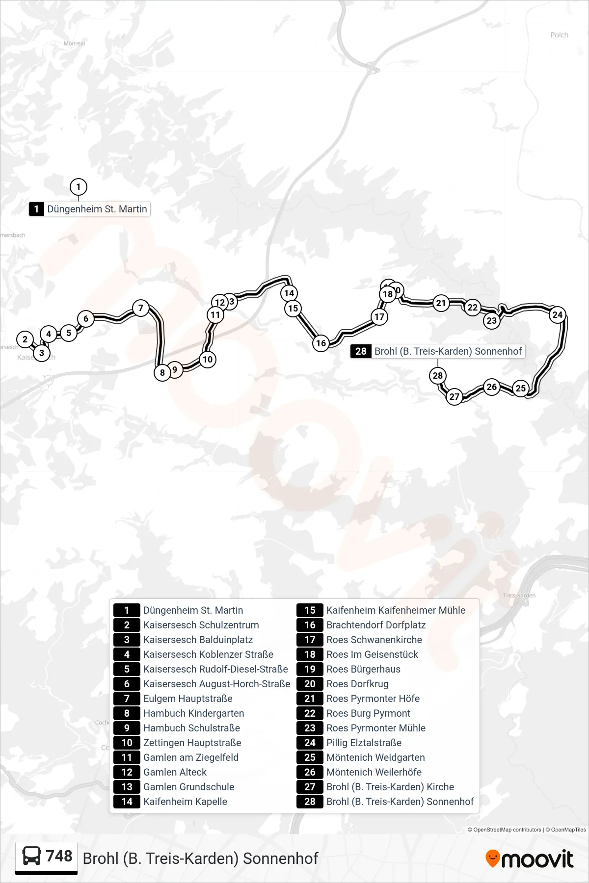 748 bus Line (Brohl (B. Treis-Karden) Sonnenhof) route and stops on a map