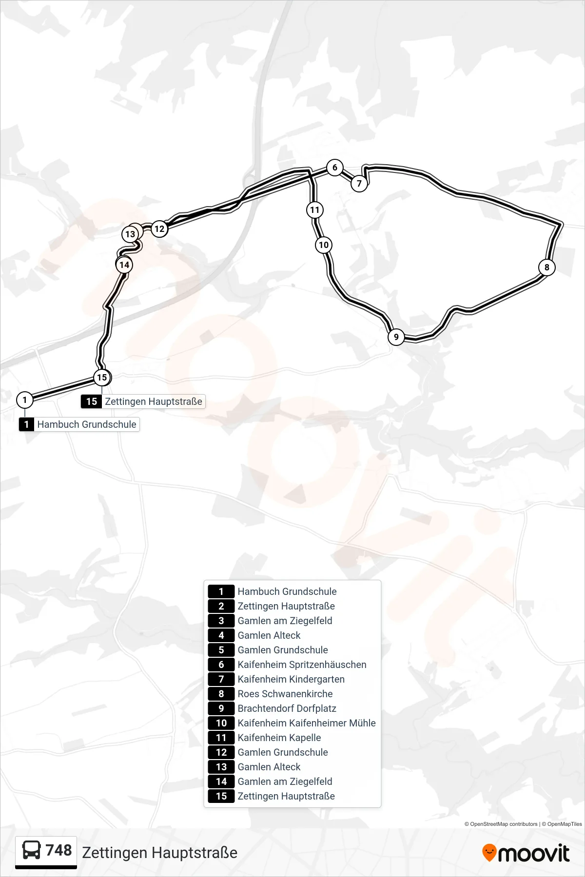 748 bus Line (Zettingen Hauptstraße) route and stops on a map