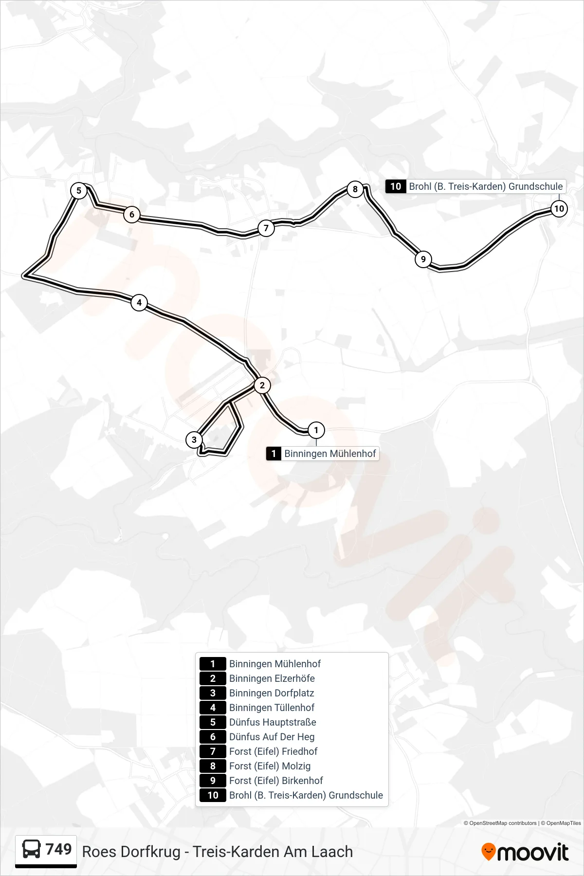 749 bus Line (Brohl (B. Treis-Karden) Grundschule) route and stops on a map