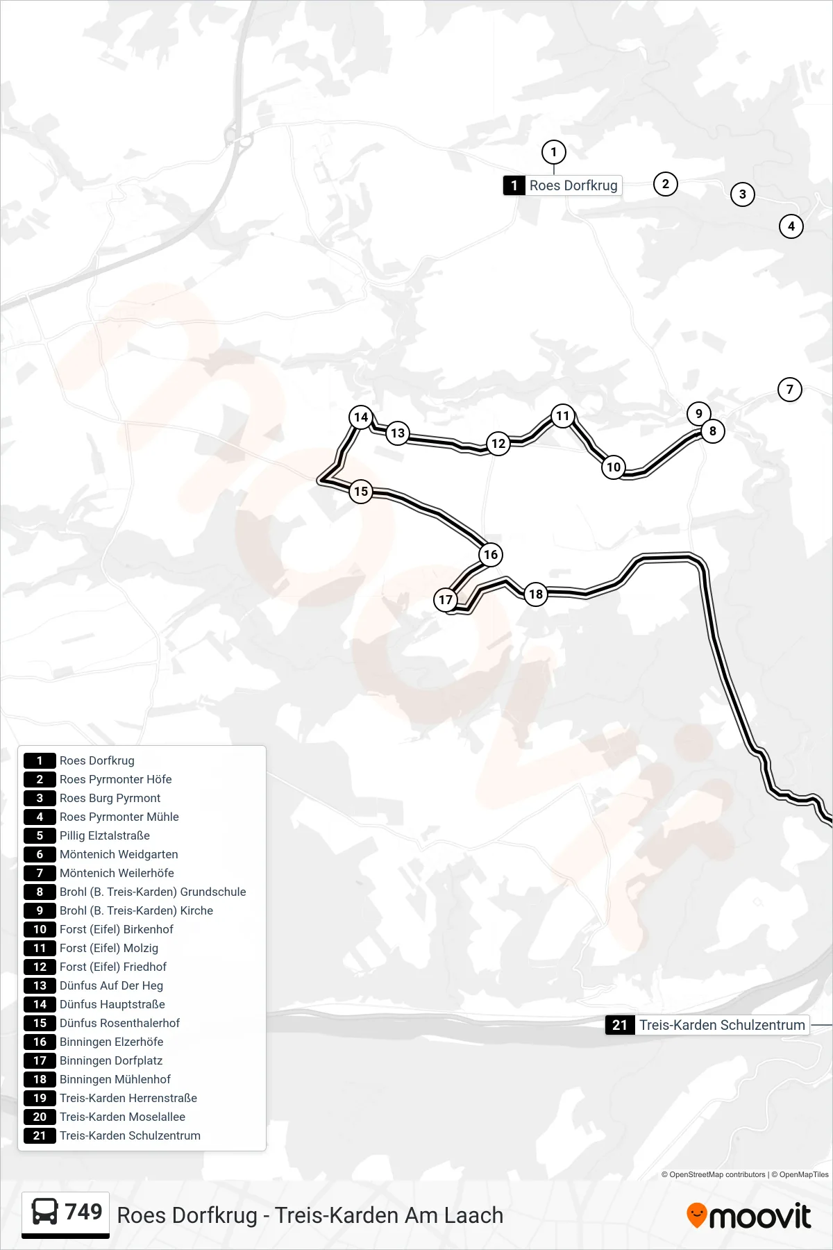 749 bus Line (Treis-Karden Schulzentrum) route and stops on a map
