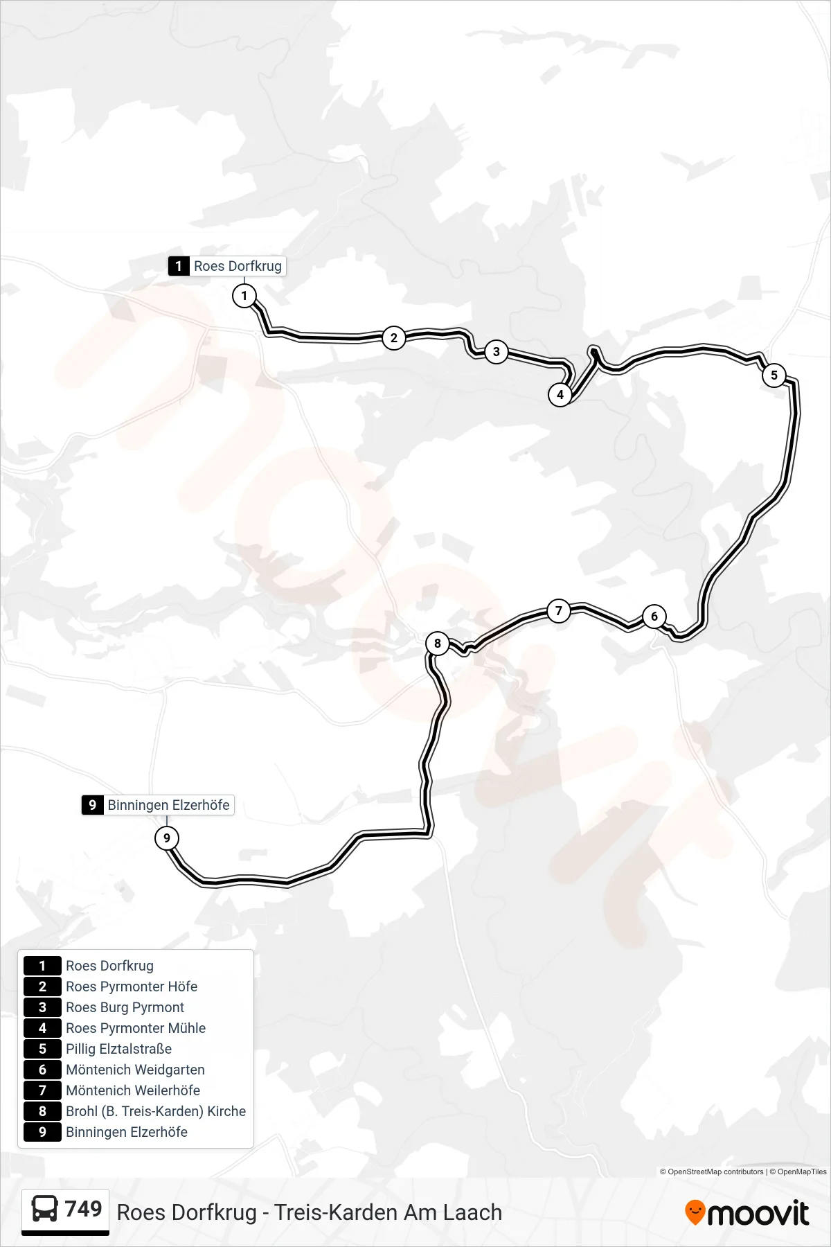 749 bus Line (Binningen Elzerhöfe) route and stops on a map