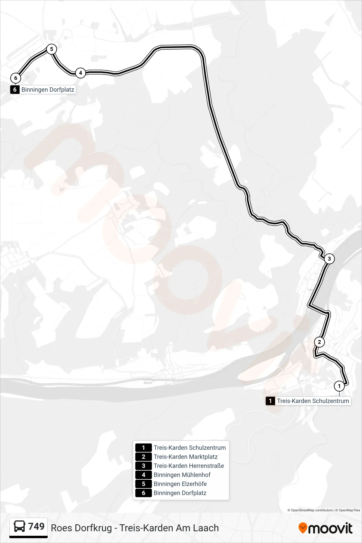 749 bus Line (Binningen Dorfplatz) route and stops on a map