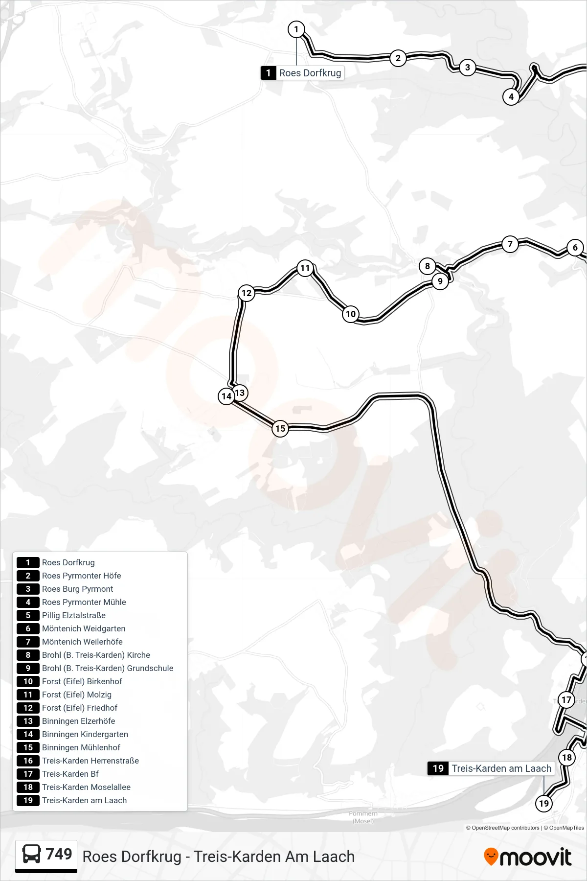 749 bus Line (Treis-Karden am Laach) route and stops on a map