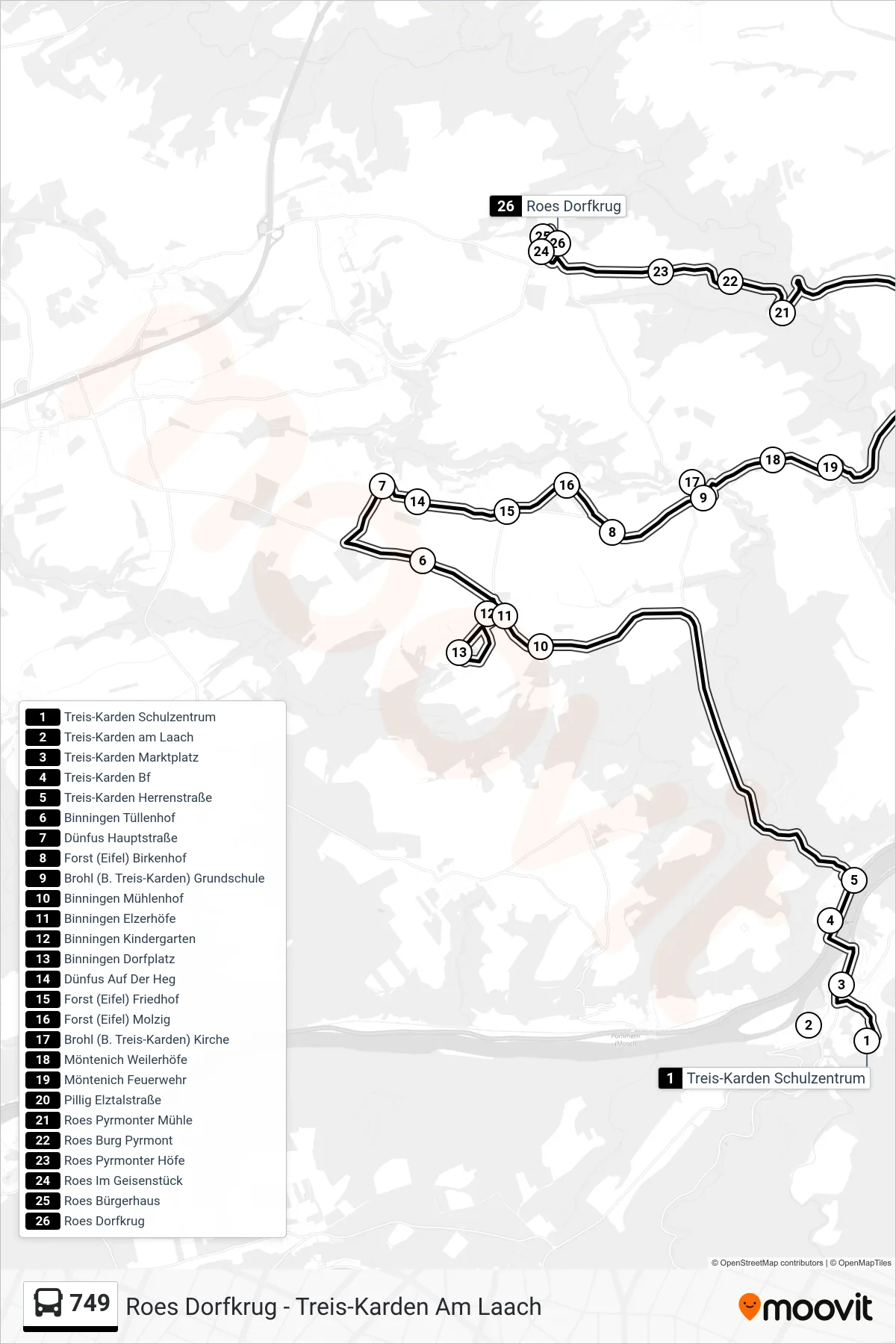 749 bus Line (Roes Dorfkrug) route and stops on a map