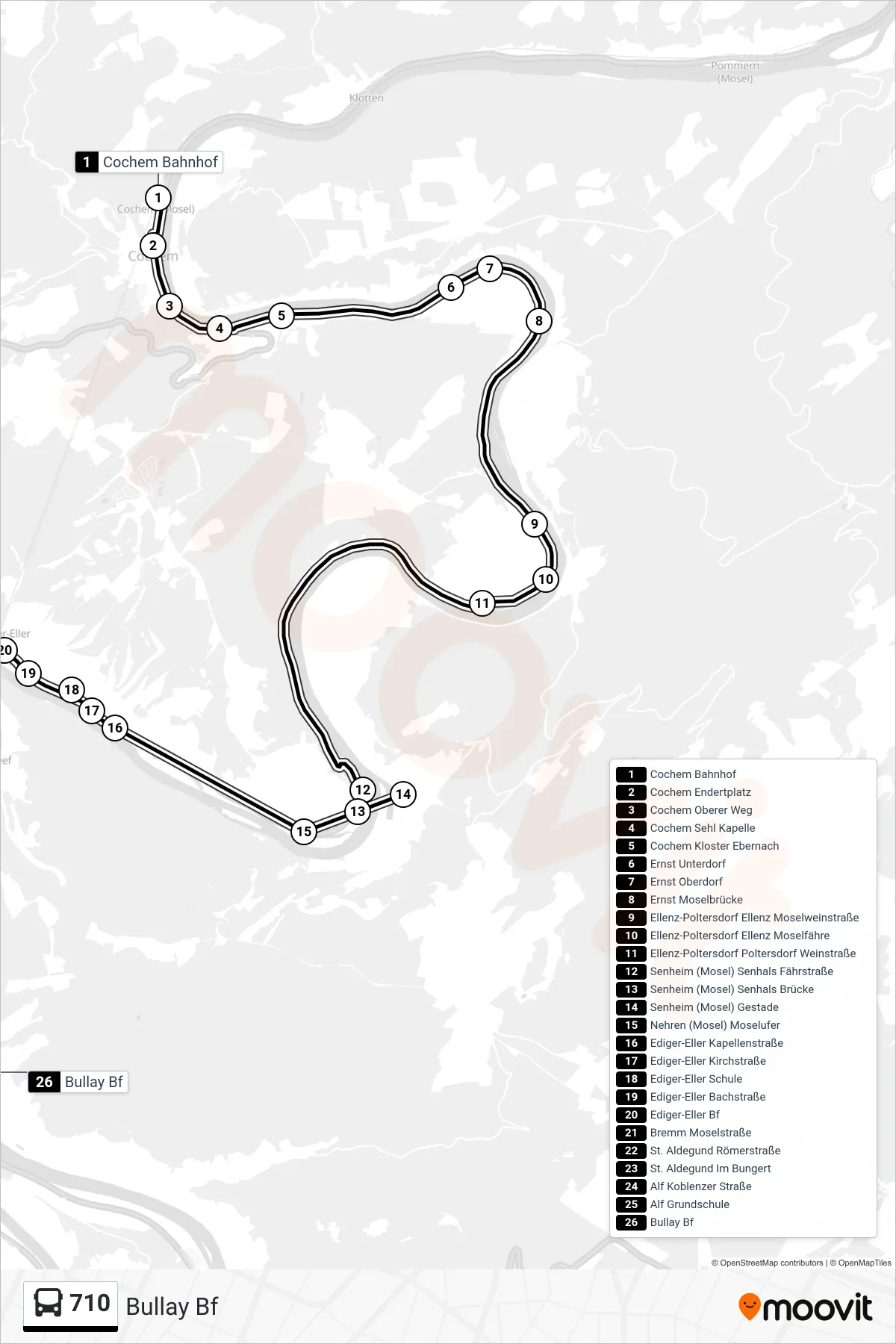 710 bus Line (Bullay Bf) route and stops on a map