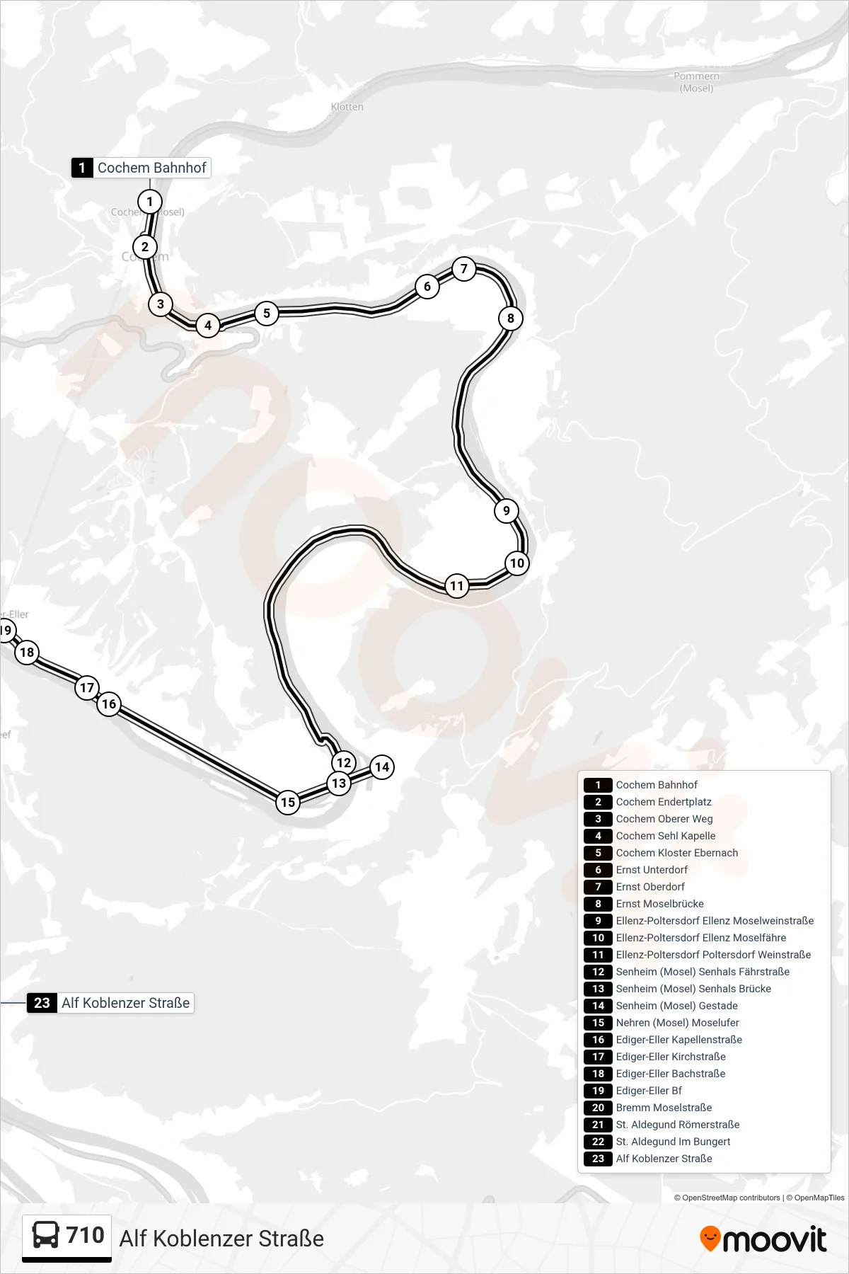 710 bus Line (Alf Koblenzer Straße) route and stops on a map