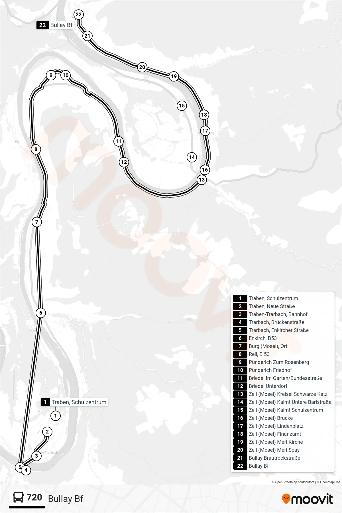 720 bus Line (Bullay Bf) route and stops on a map