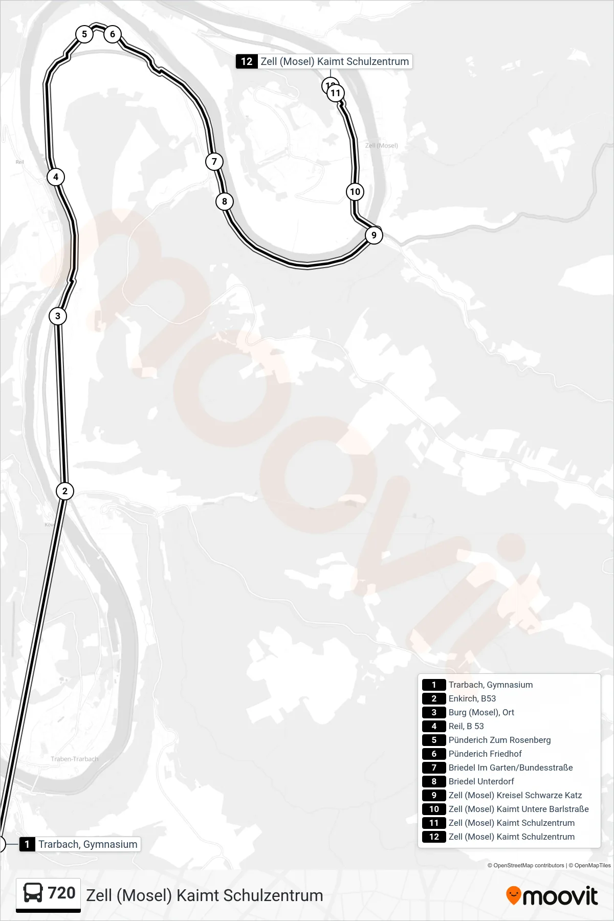 720 bus Line (Zell (Mosel) Kaimt Schulzentrum) route and stops on a map