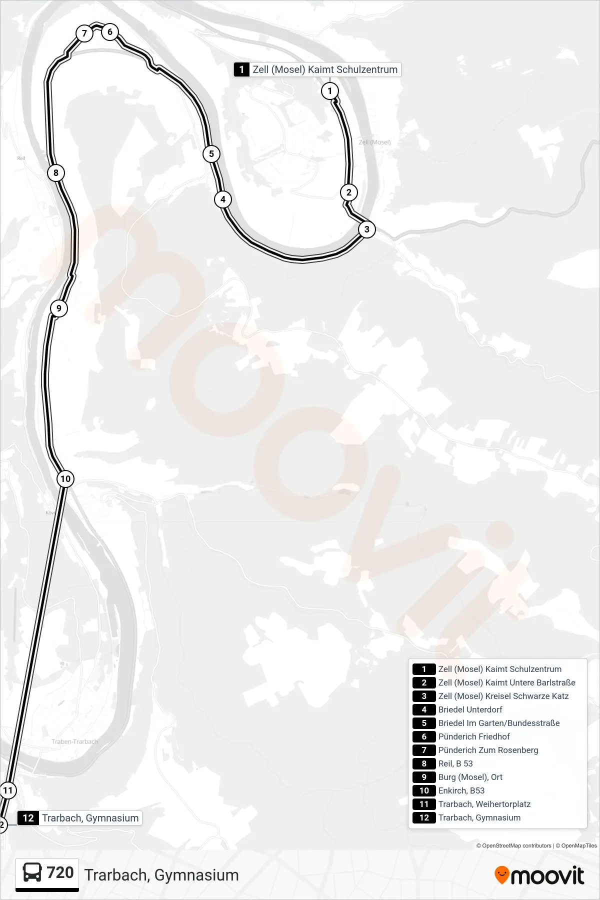 720 bus Line (Trarbach, Gymnasium) route and stops on a map