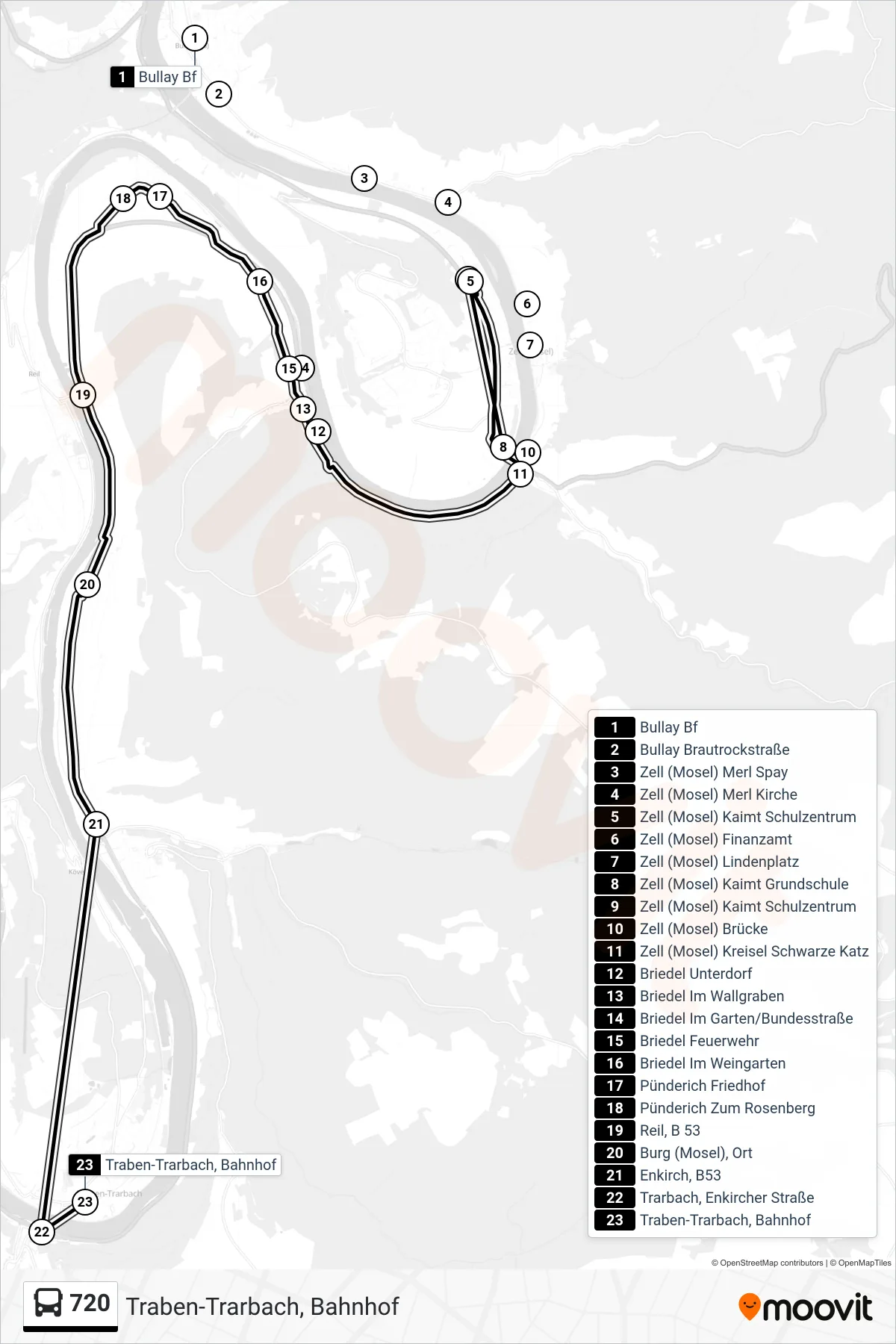 720 bus Line (Traben-Trarbach, Bahnhof) route and stops on a map