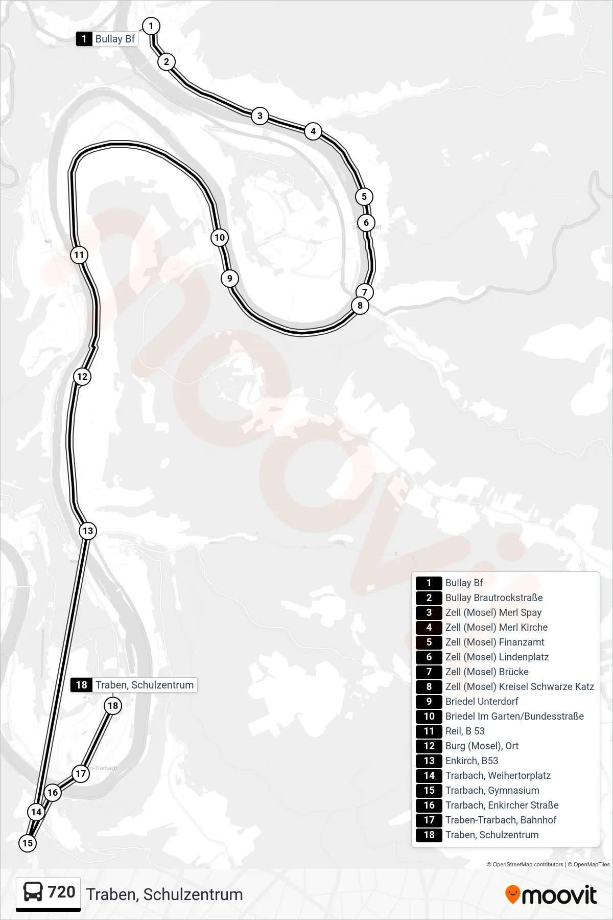 720 bus Line (Traben, Schulzentrum) route and stops on a map