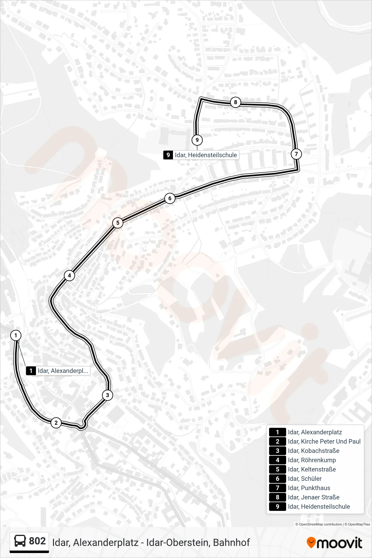802 bus Line (Idar, Heidensteilschule) route and stops on a map