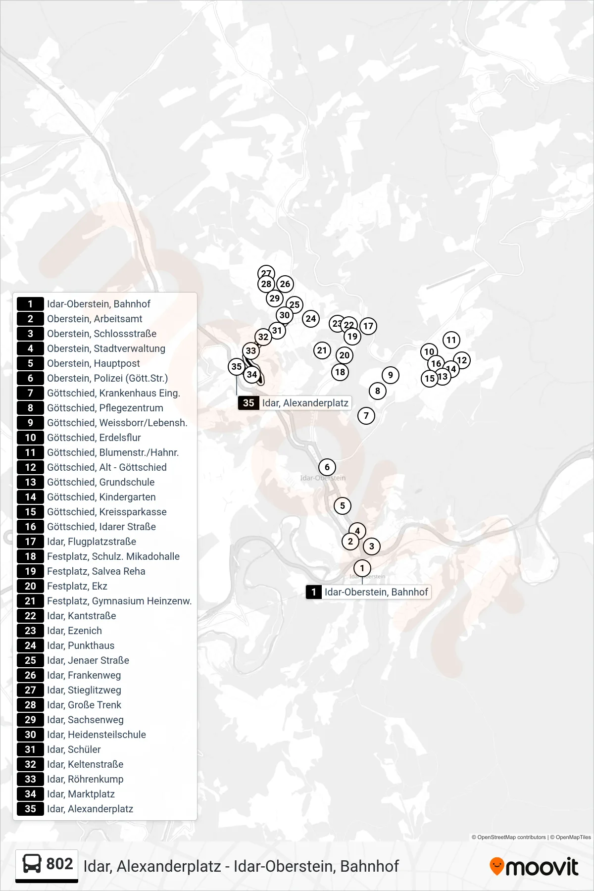 802 bus Line (Idar, Alexanderplatz) route and stops on a map