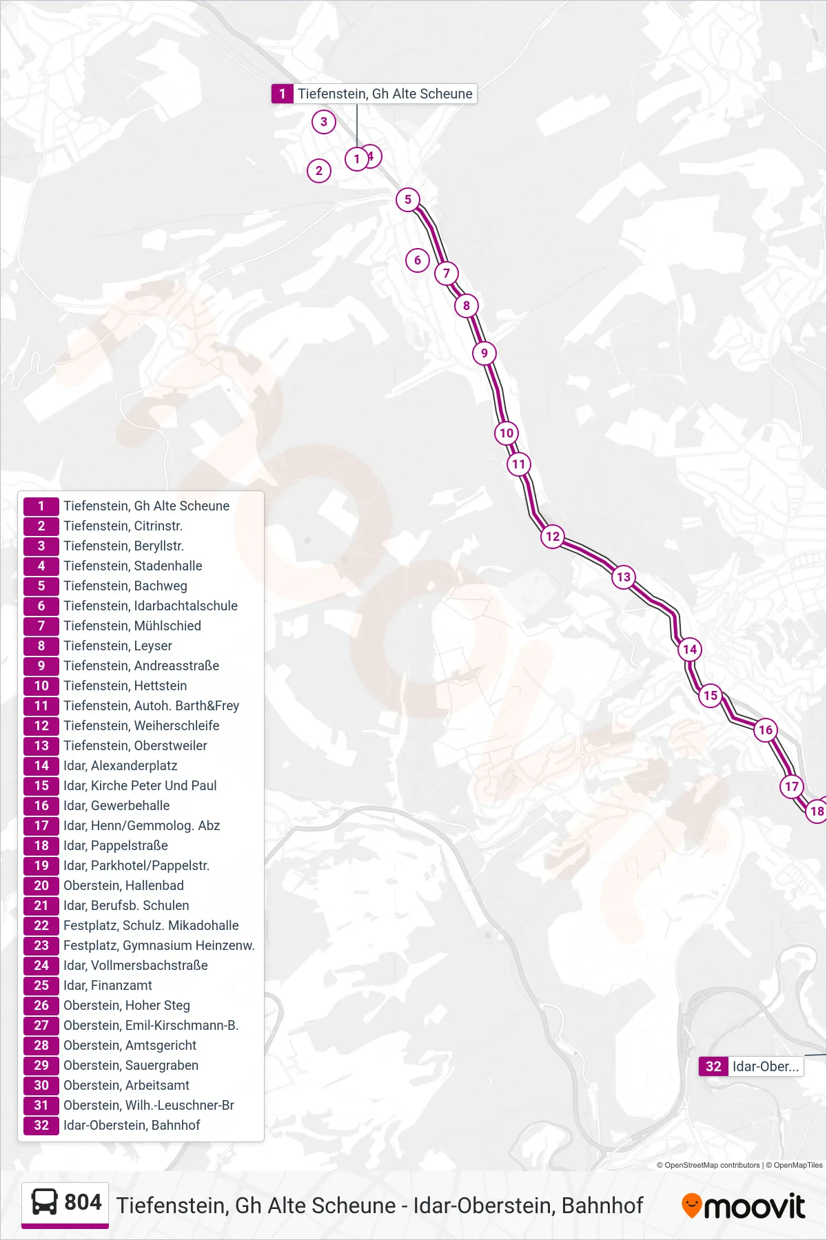 Linie 804 (Bus) Richtung Idar-Oberstein, Bahnhof: Route und Haltestellen auf der Karte