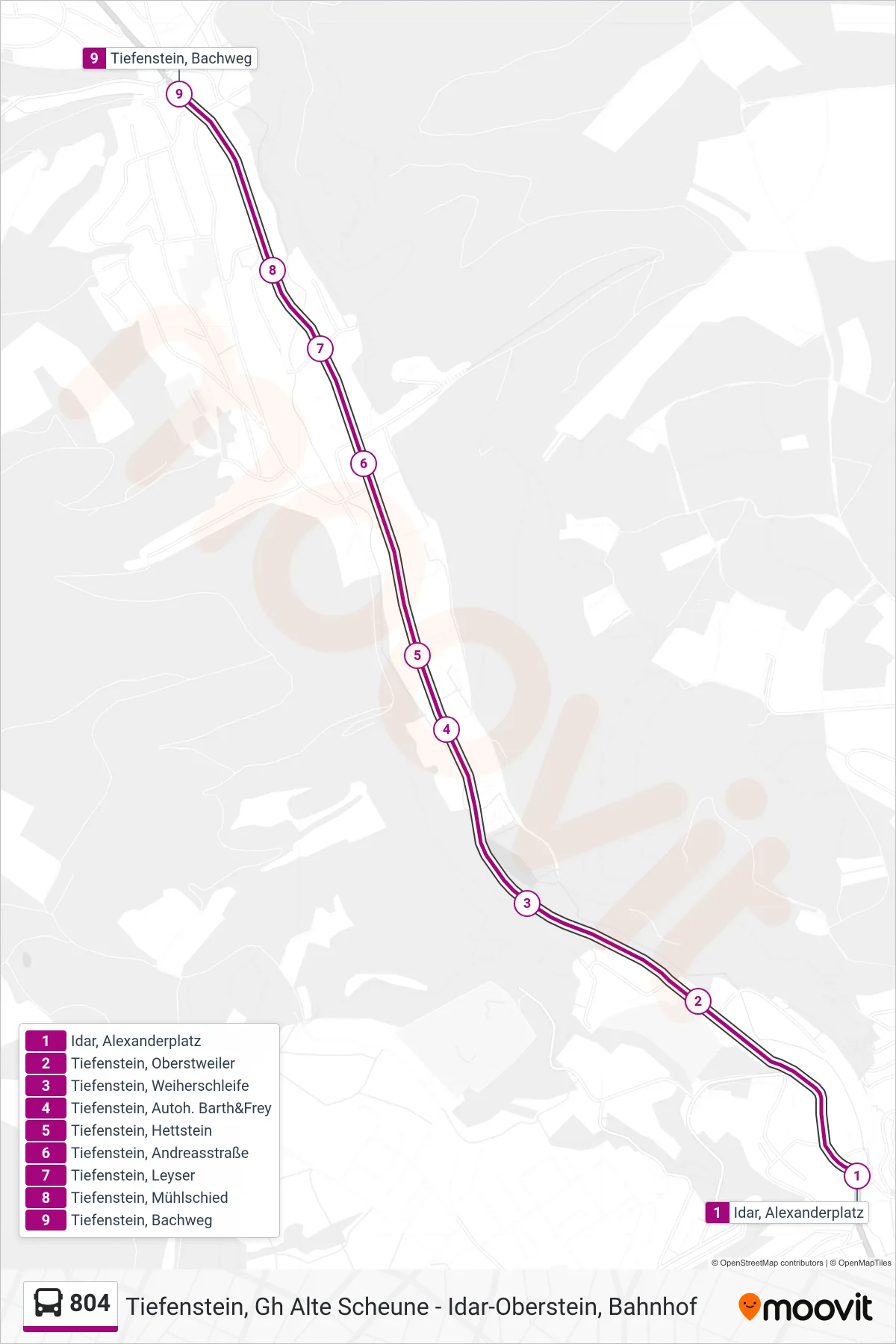 804 bus Line (Tiefenstein, Bachweg) route and stops on a map