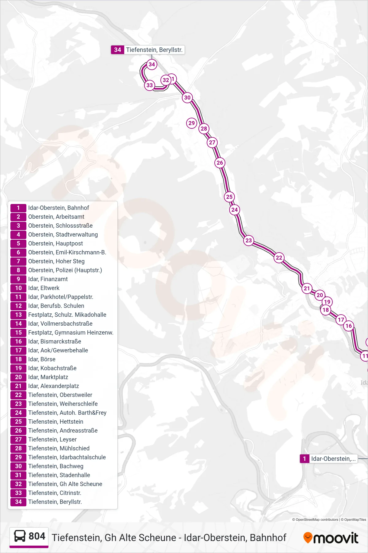 804 bus Line (Tiefenstein, Beryllstr.) route and stops on a map