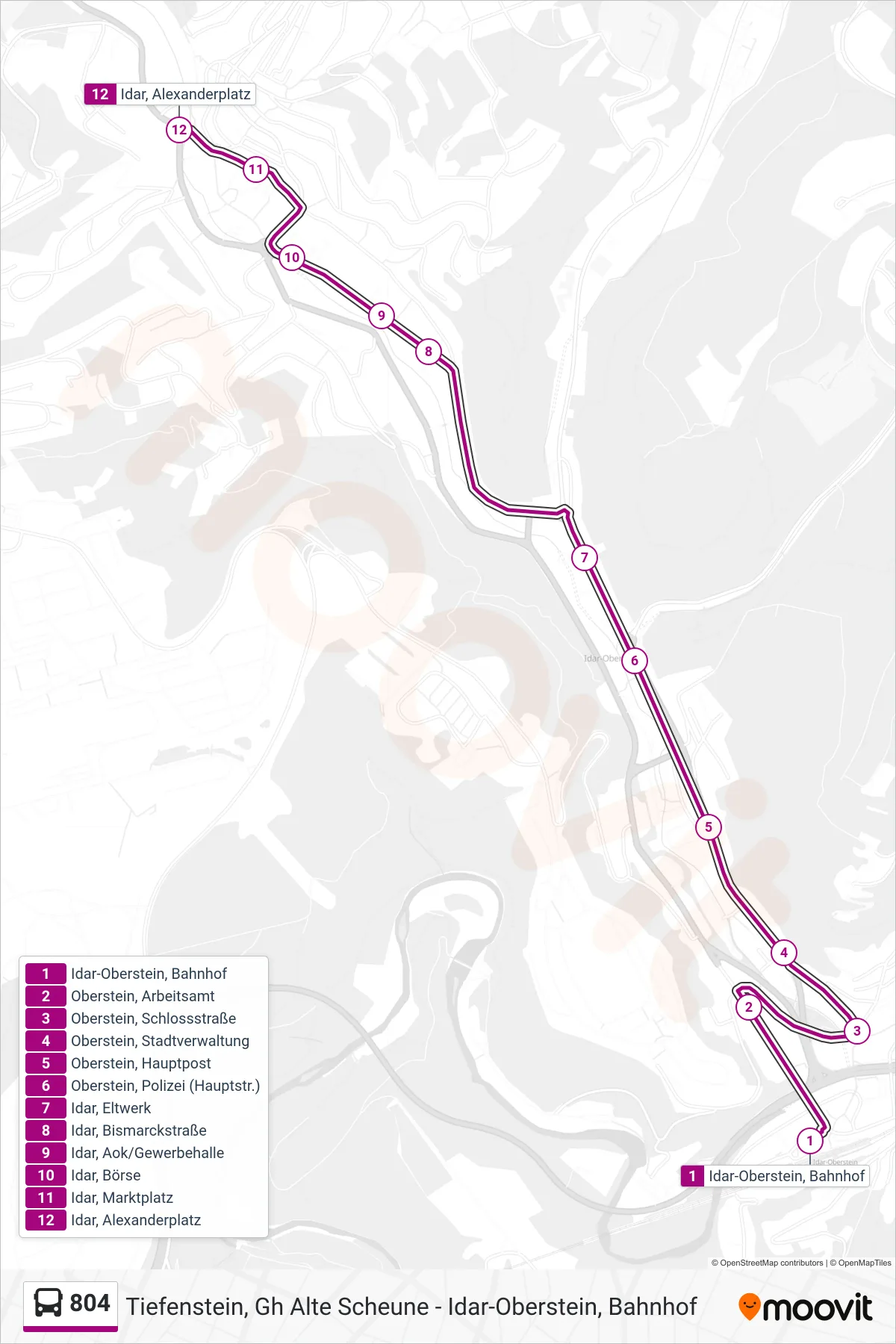 804 bus Line (Idar, Alexanderplatz) route and stops on a map