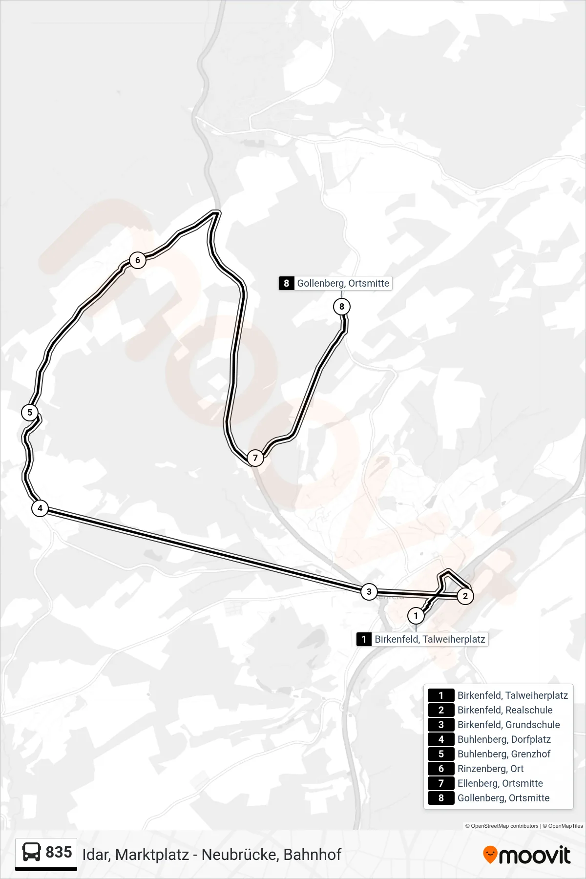 835 bus Line (Gollenberg, Ortsmitte) route and stops on a map