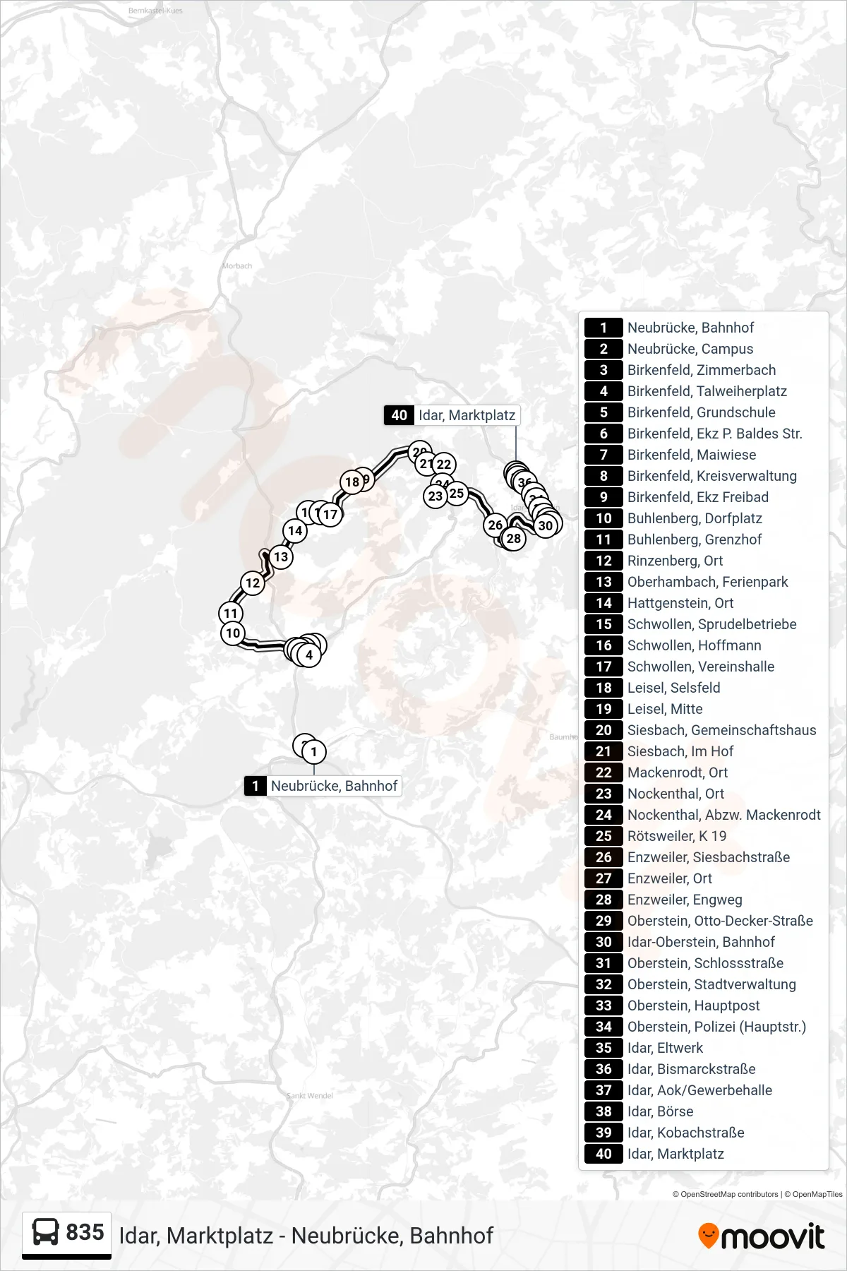 835 bus Line (Idar, Marktplatz) route and stops on a map