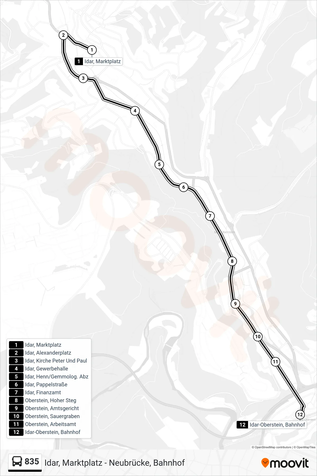 835 bus Line (Idar-Oberstein, Bahnhof) route and stops on a map