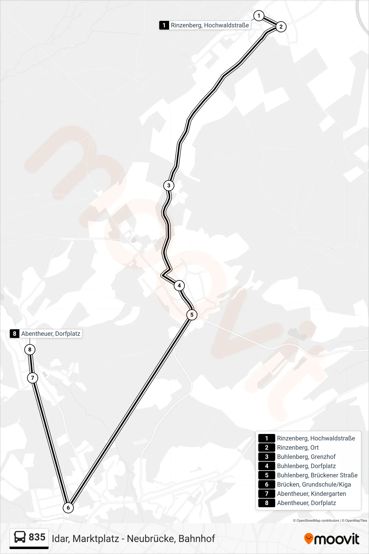 835 bus Line (Abentheuer, Dorfplatz) route and stops on a map