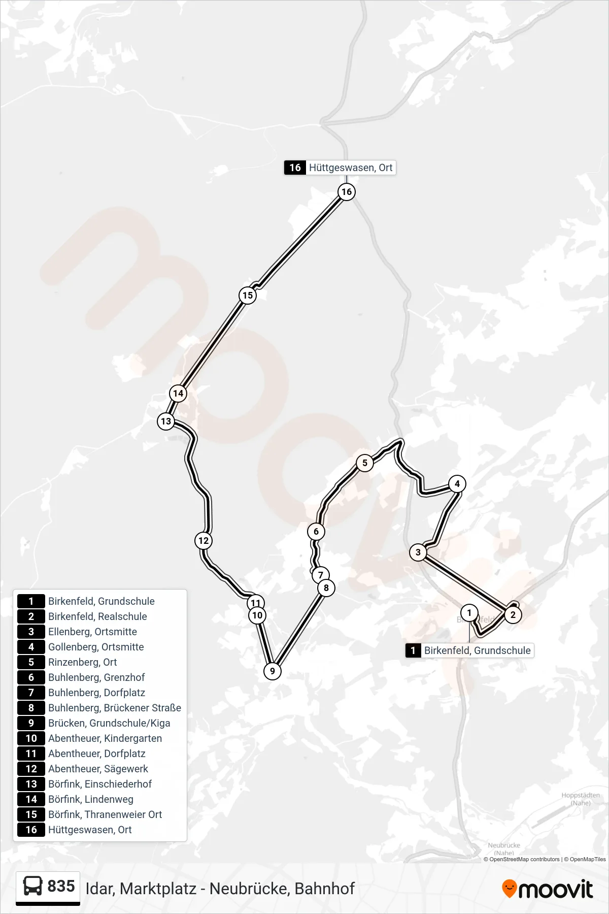 835 bus Line (Hüttgeswasen, Ort) route and stops on a map