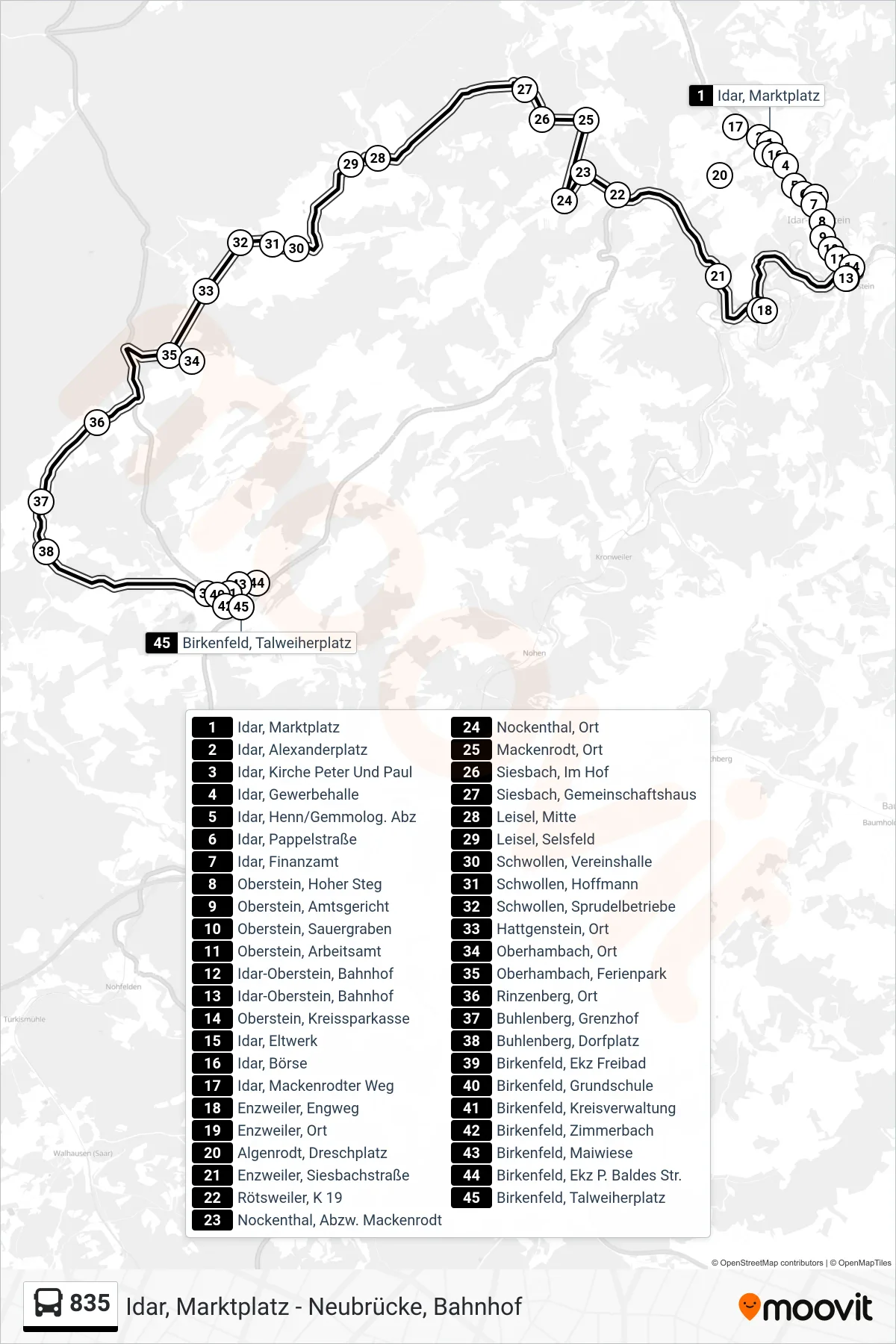 835 bus Line (Birkenfeld, Talweiherplatz) route and stops on a map