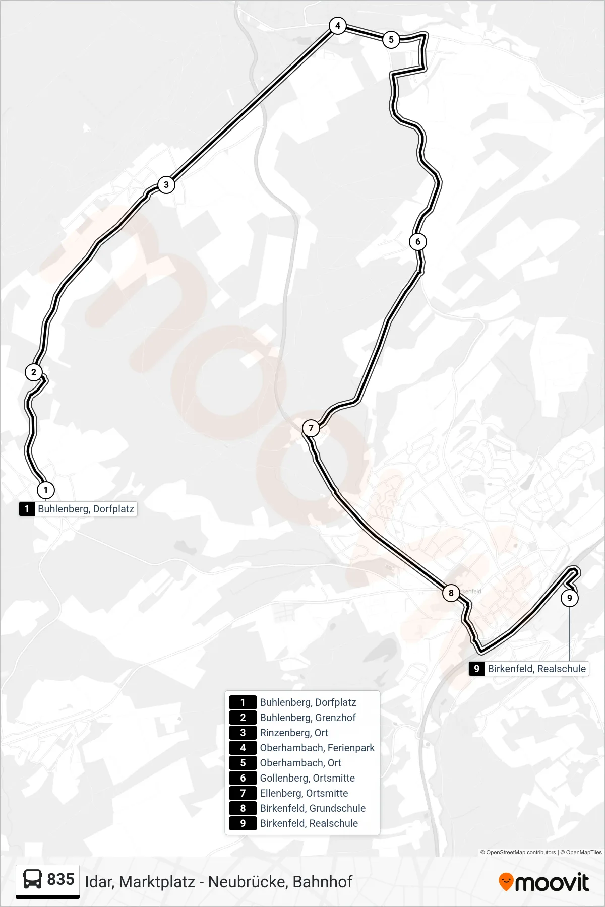 Linie 835 (Bus) Richtung Birkenfeld, Realschule: Route und Haltestellen auf der Karte